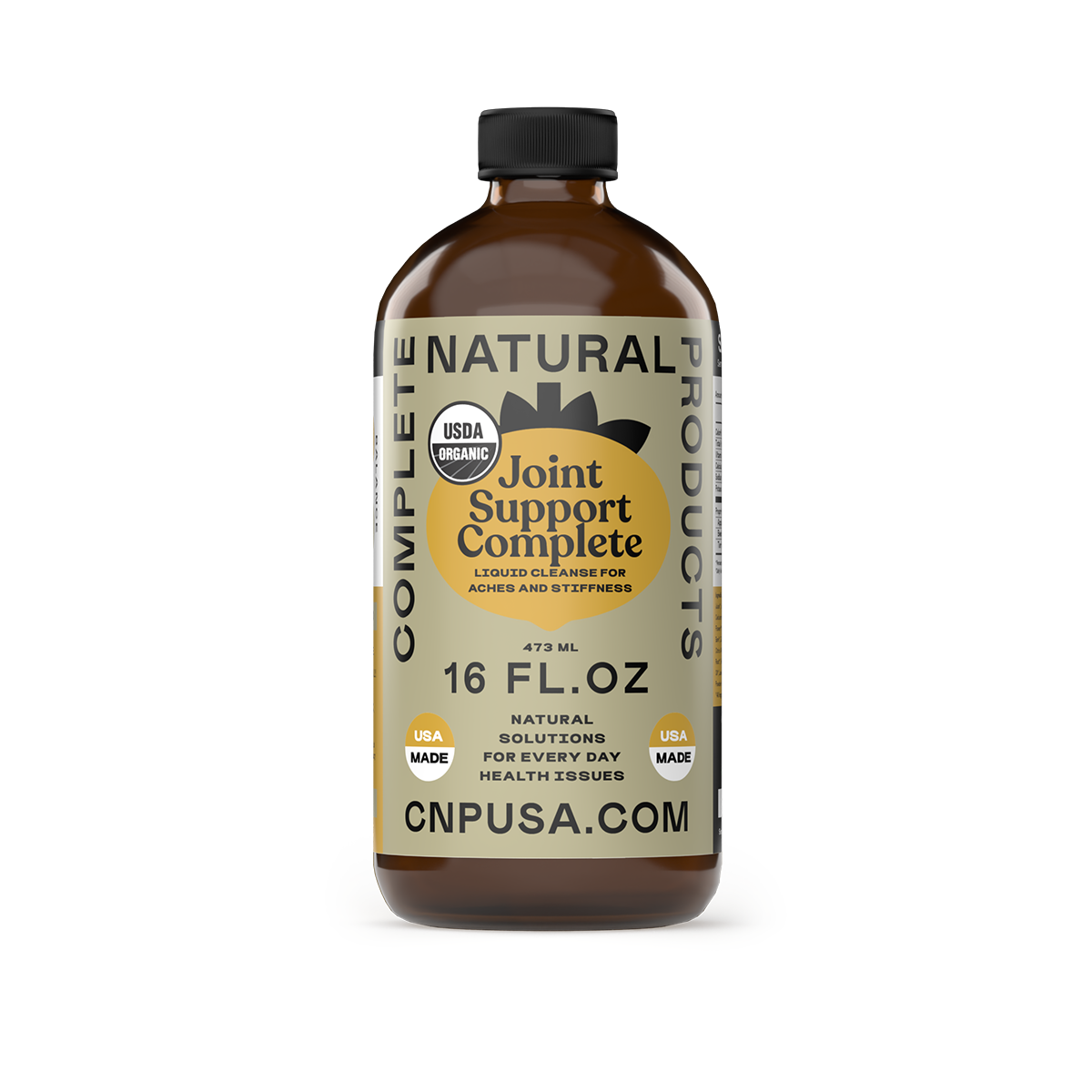 A 16oz brown glass bottle of Joint Support Complete by CNPUSA features USDA Organic and USA Made logos for trusted joint care. The yellow and black label stands out. Visit CNPUSA.COM for details.