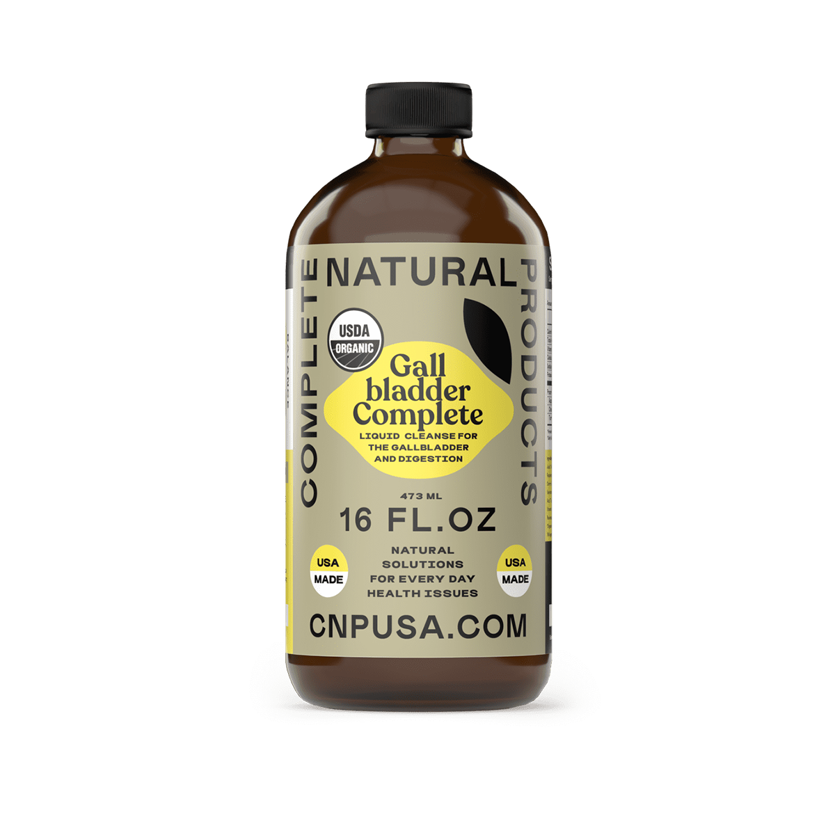 A 16oz glass bottle of Gallbladder Complete by CNPUSA, labeled USDA Organic and USA Made. The yellow and black label says: Complete Natural Products, Liquid Cleanse for Gallbladder, Liver Detox & Support.