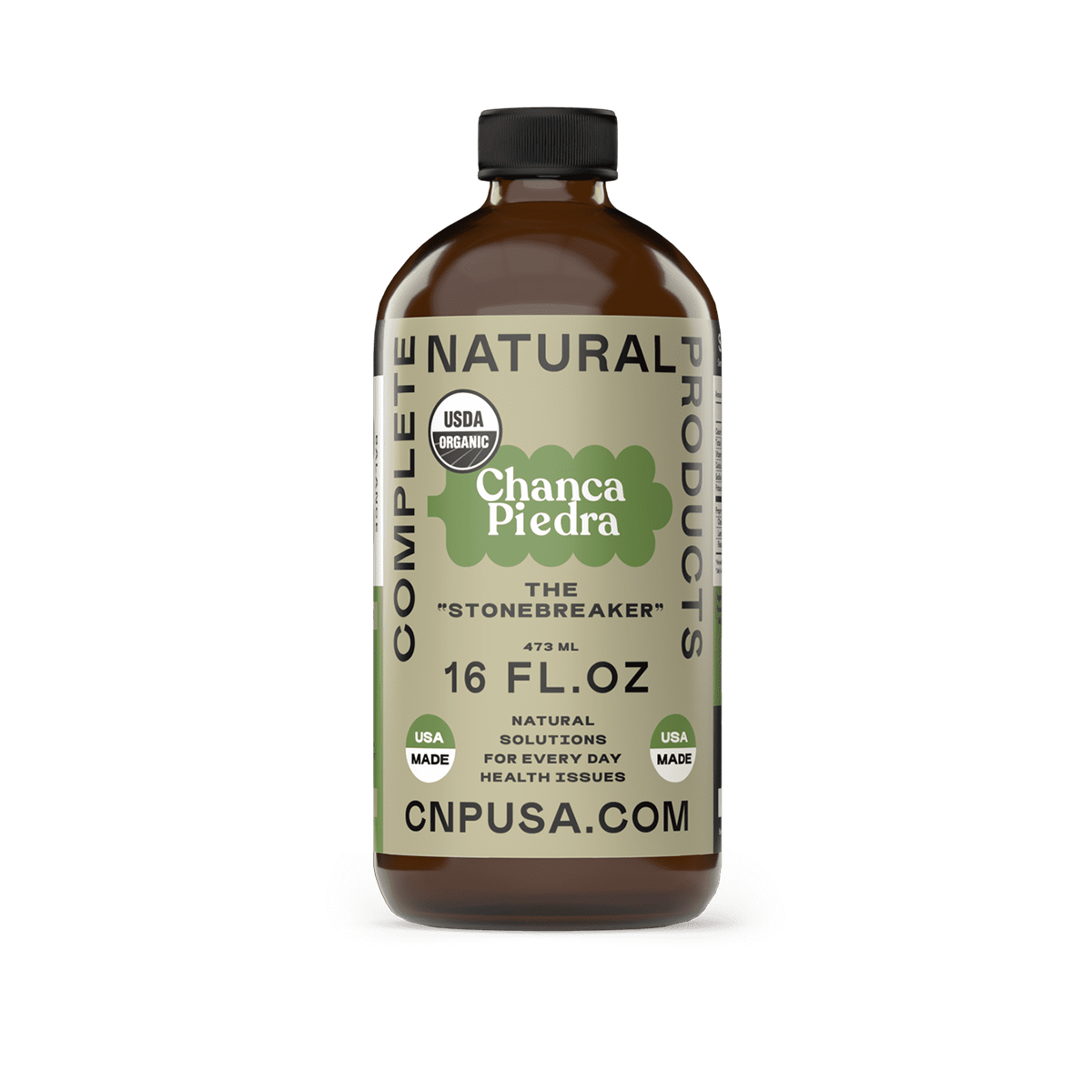 A brown glass bottle labeled Chanca Piedra Concentrate - 16oz Organic Glass Bottle by CNPUSA. This USDA Organic, USA-made herbal remedy provides a natural solution for health support.