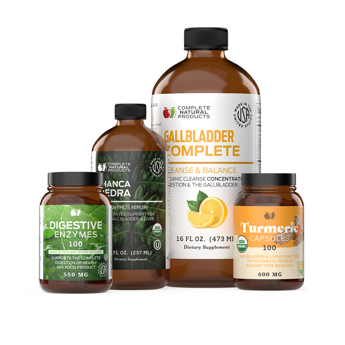 The Gallbladder Complete Bundle by CNPUSA features four supplements—Digestive Enzymes, Manca Pedra, Gallbladder Complete, and Turmeric Capsules—grouped on a white background to support digestive and gallbladder health.