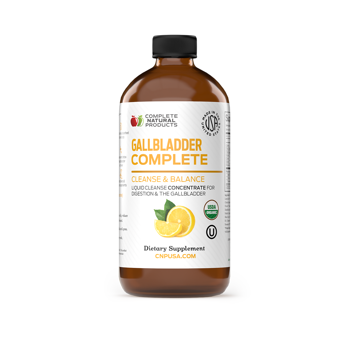 A brown bottle labeled Gallbladder Complete by CNPUSA, with a lemon graphic and USDA Organic seal. The label promotes it as a Gallbladder Cleanse and dietary supplement for digestion and liver detox support.