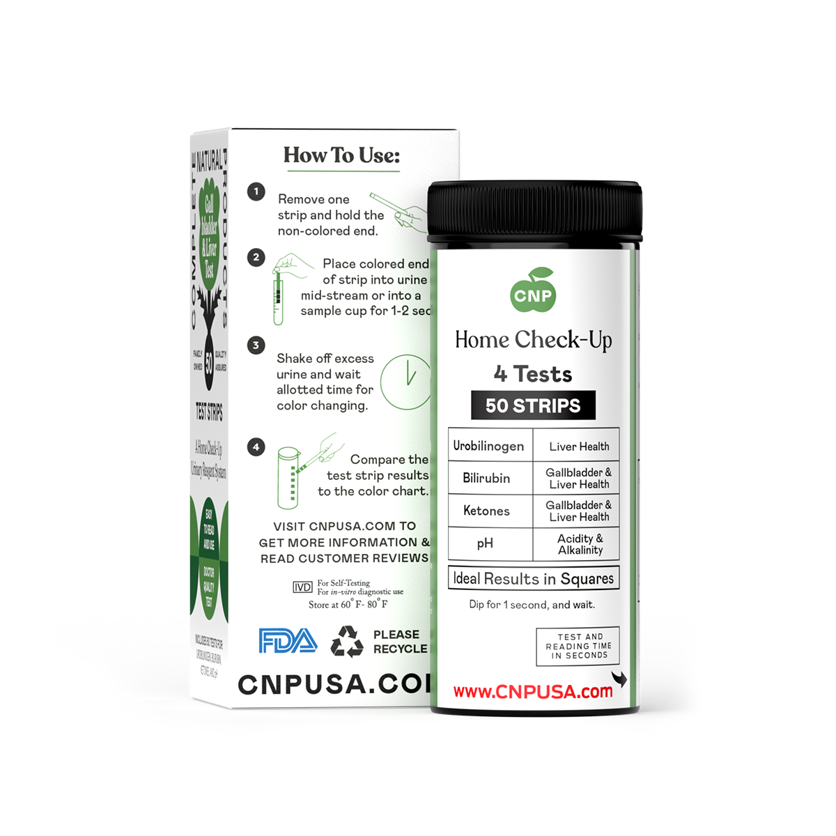 A container labeled CNPUSA Gallbladder / Liver Tests - 50 Count sits beside its box, listing urinalysis tests for urobilinogen, bilirubin (for liver/gallbladder health), ketones, and pH. Website and recycling icons are also displayed.