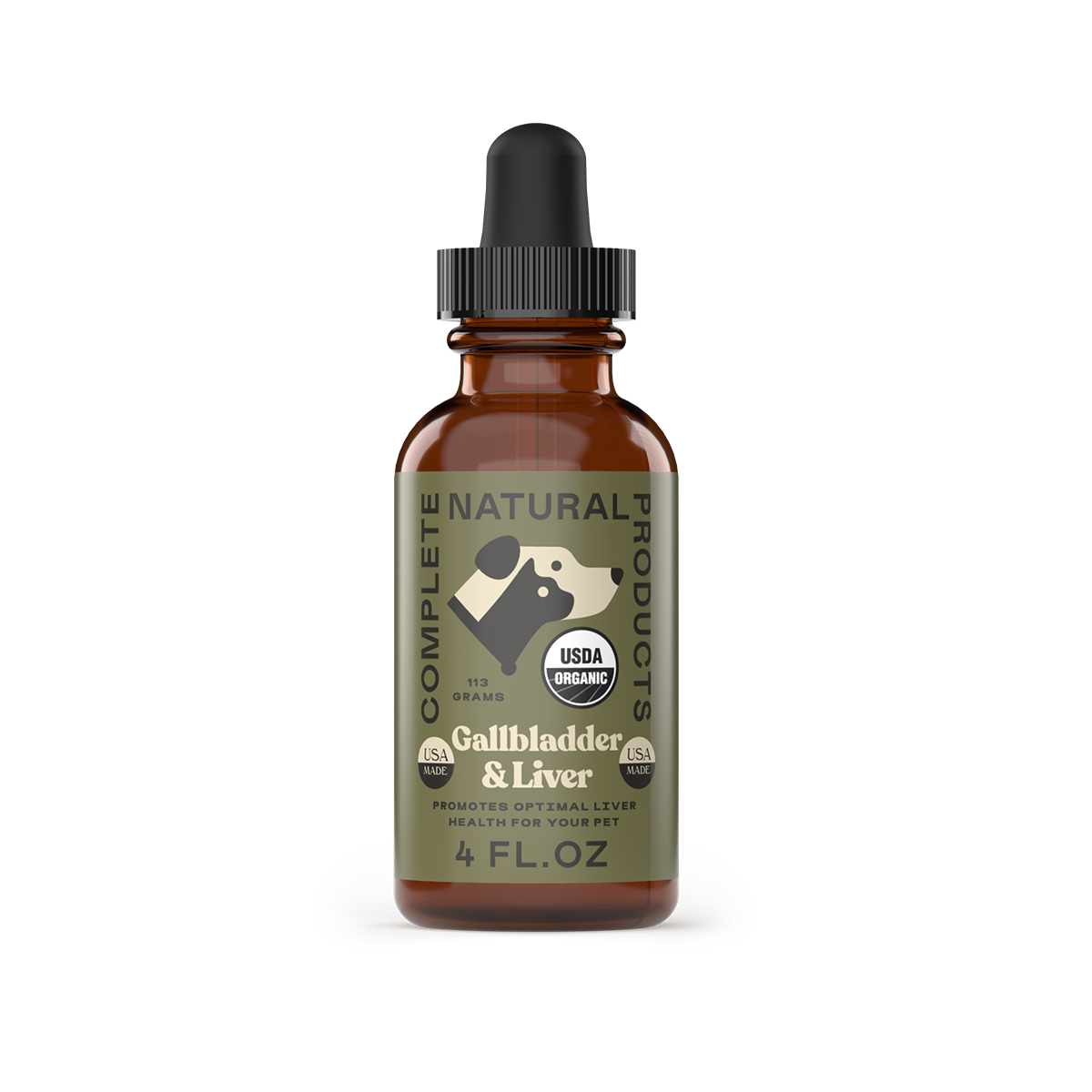 CNP Pet Gallbladder & Liver Cleanse comes in a 4 fl. oz. amber dropper bottle, labeled with USDA Organic and NASC Quality Seal logos; supports pets’ liver function and provides an organic cleanse for the gallbladder and liver.