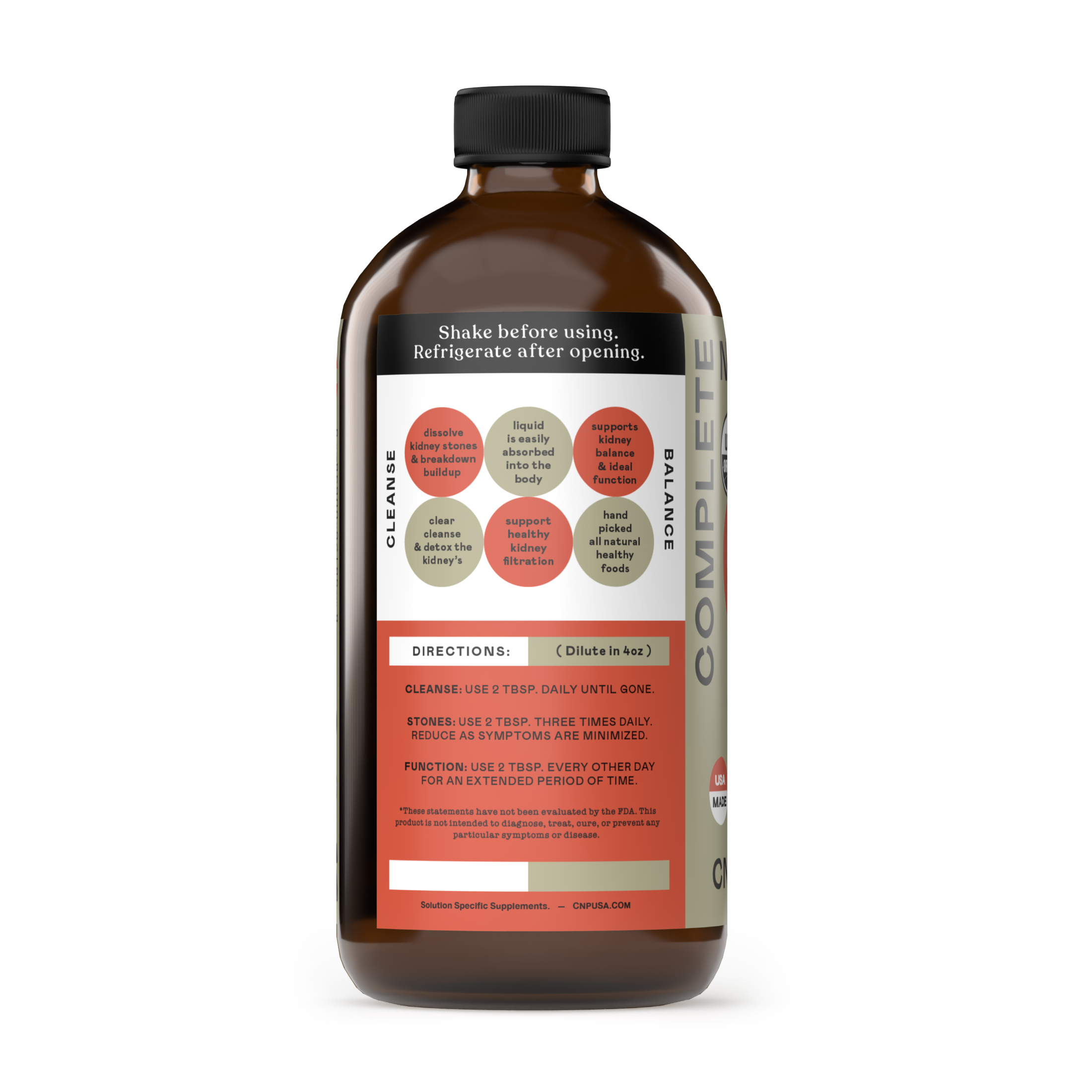 A brown 16oz glass bottle labeled Kidney Complete by CNPUSA features Chanca Piedra and Apple Cider Vinegar, with directions to shake before use and refrigerate after opening. The label includes kidney health benefits and sits on a gray surface.