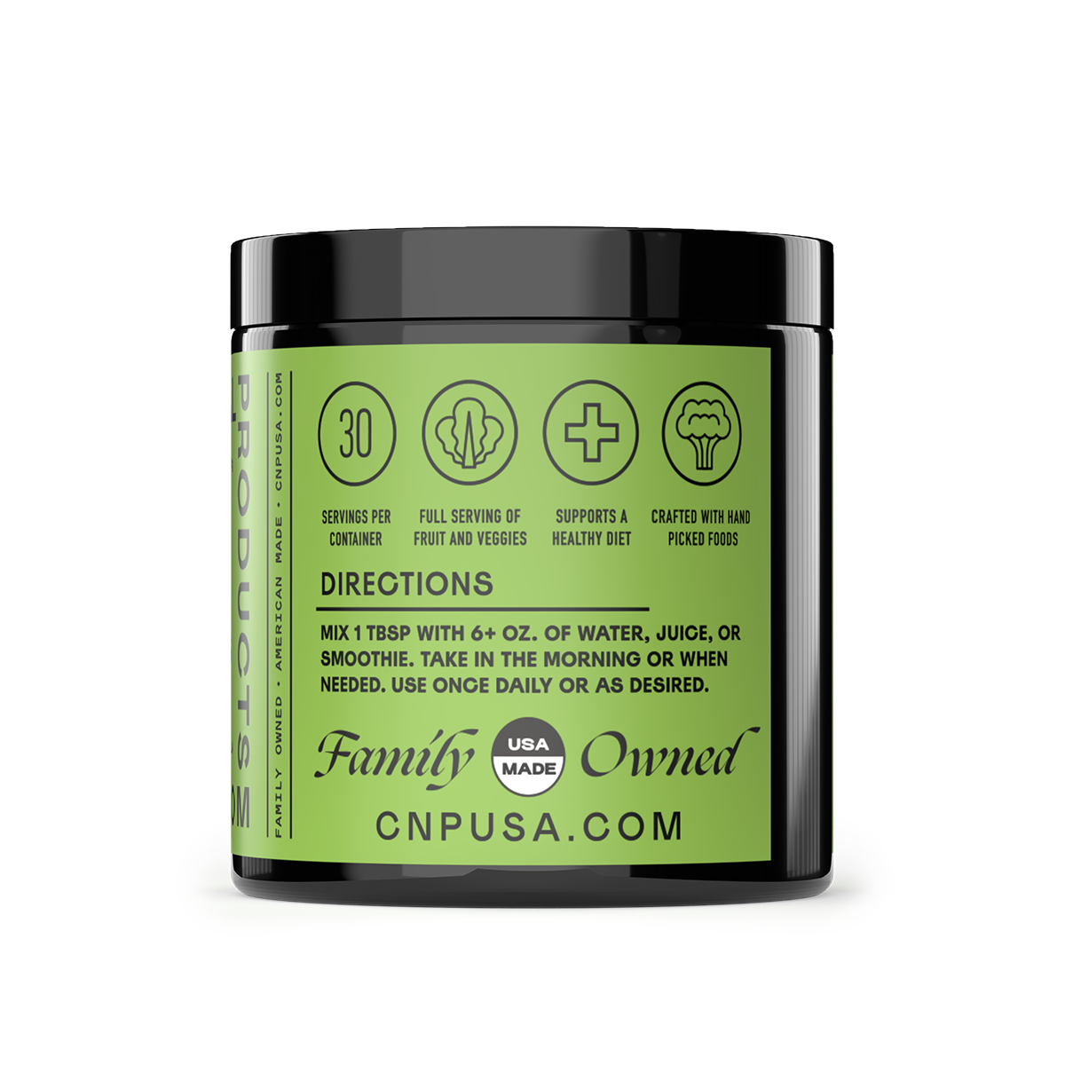 A green-labeled Good Greens Superfood Powder jar by CNPUSA shows health benefit icons, Family Owned, USA Made, and CNPUSA.COM. Directions: Mix one tablespoon with water, juice, or a smoothie.