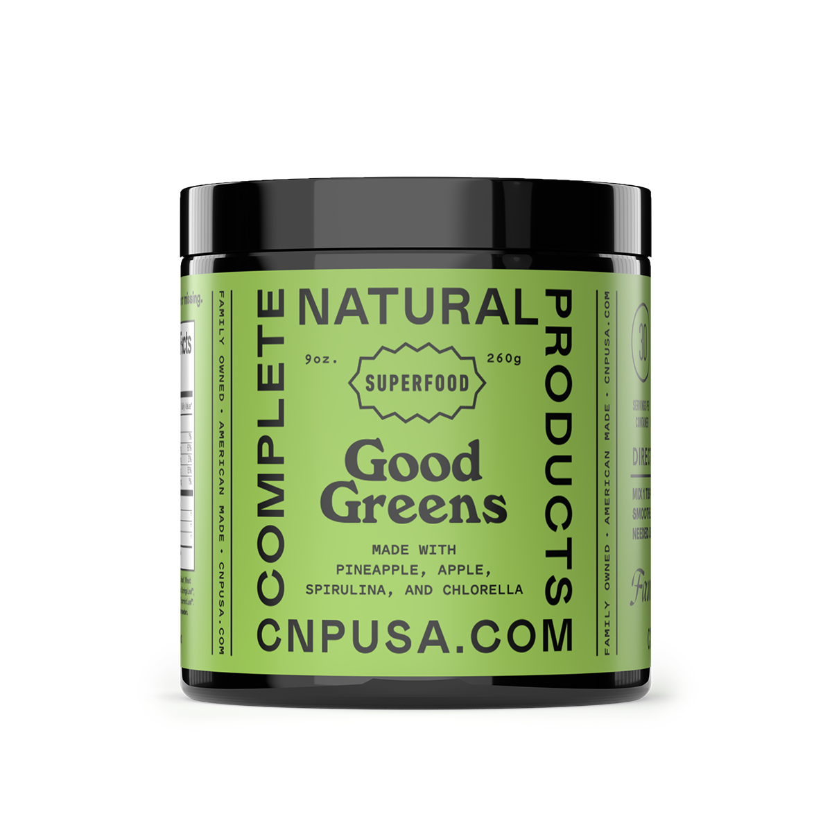 A green and black container labeled Good Greens Superfood Powder by CNPUSA, with nutrient-rich ingredients such as pineapple, apple, spirulina, and chlorella. The website CNPUSA.COM appears at the bottom.