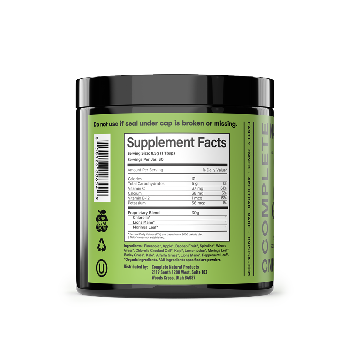 A green and black jar of Good Greens Superfood Powder by CNPUSA displays Supplement Facts, nutrient-rich ingredients, a QR code, and company info. The lid features a safety warning and the side reads COMPLETE, emphasizing its superfood content.
