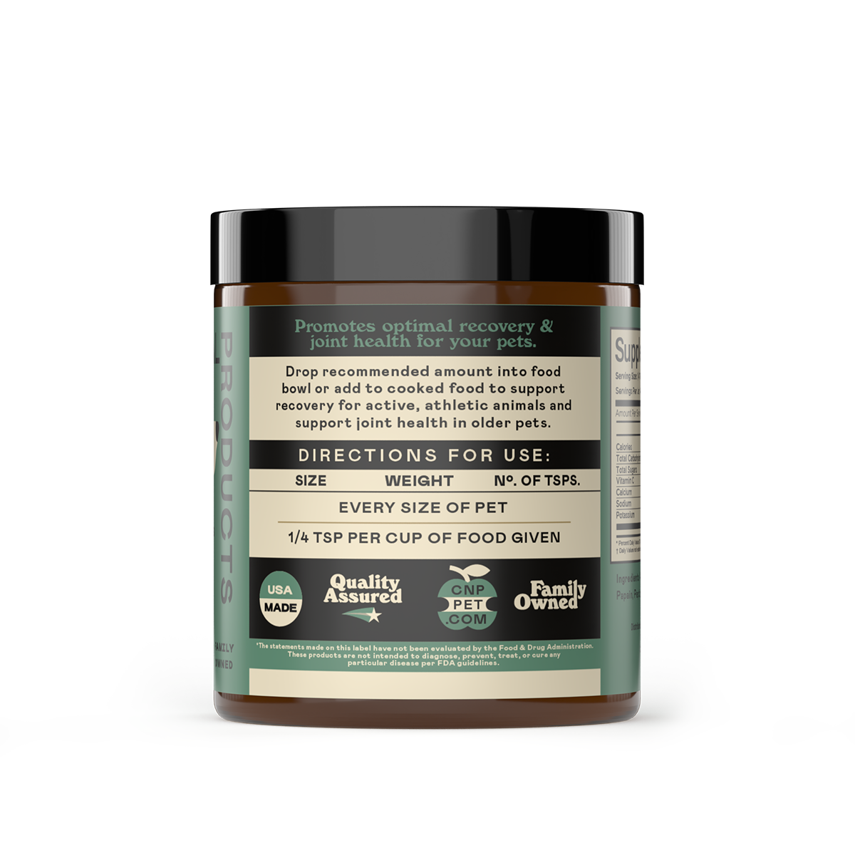 A brown CNP Pet Joint Support Enzymes jar with a green label featuring pet directions, dosage table, and icons for USA Made, Quality Assured, GMP, Pet Com, and Family Owned—ideal for supporting your pet’s joint health with a protease enzyme blend.