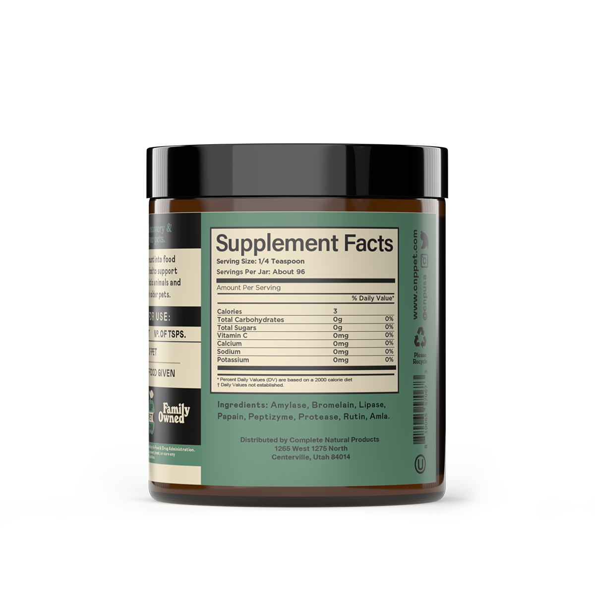 A brown glass container with a black lid displays a Supplement Facts label for CNP Pet Joint Support Enzymes, highlighting a protease blend. The label features the Family Owned logo and distribution info at the bottom.