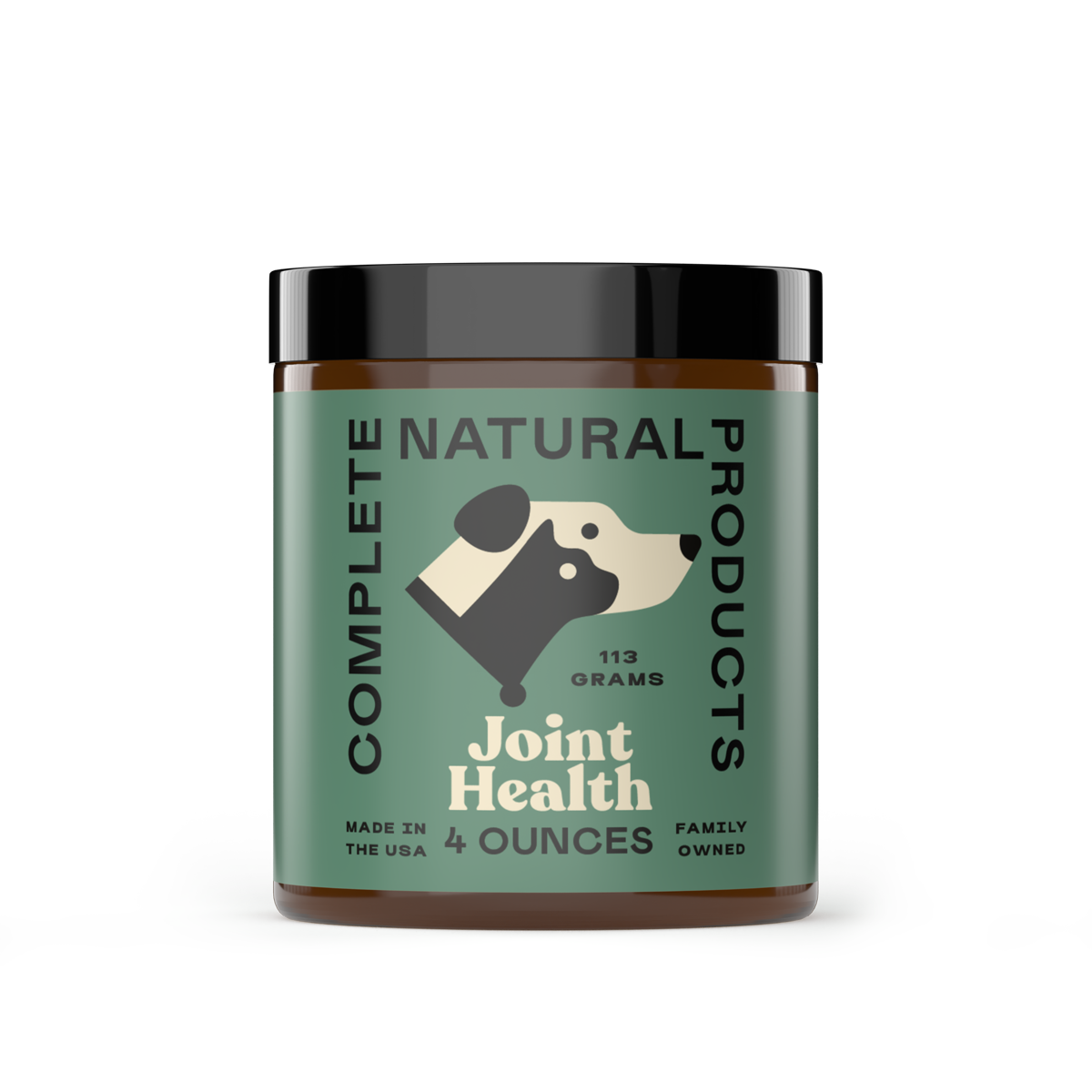 A green jar labeled CNP Pet Joint Support Enzymes, featuring a dogs head illustration. Highlights include 113g (4oz), Made in the USA, Family Owned, and contains joint support enzymes for optimal canine joint health.