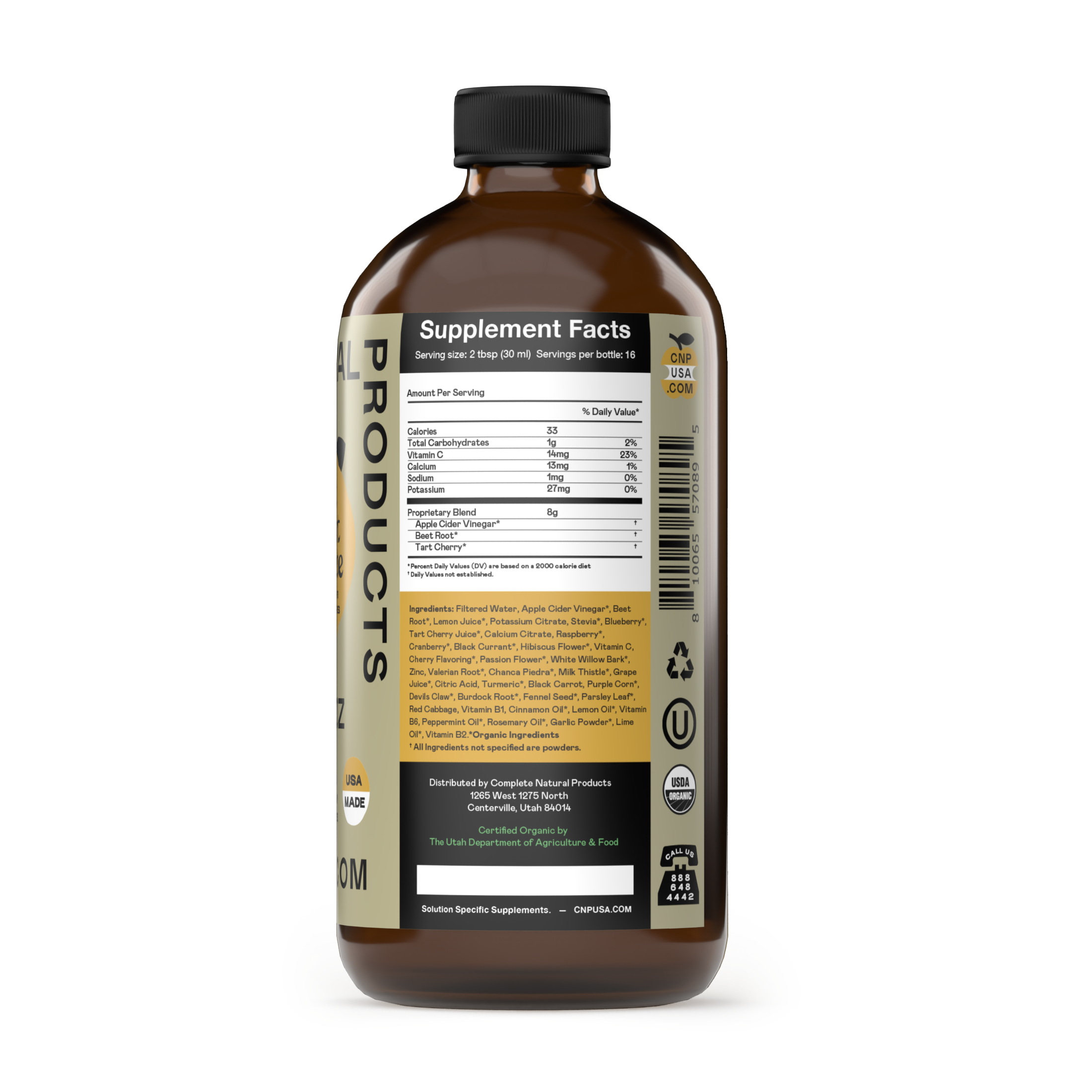 CNPUSA Joint Support Complete comes in a brown 16oz glass bottle with a black cap, a supplement facts label highlighting Apple Cider Vinegar and organic ingredients, certification icons at the bottom, and offers natural joint support.