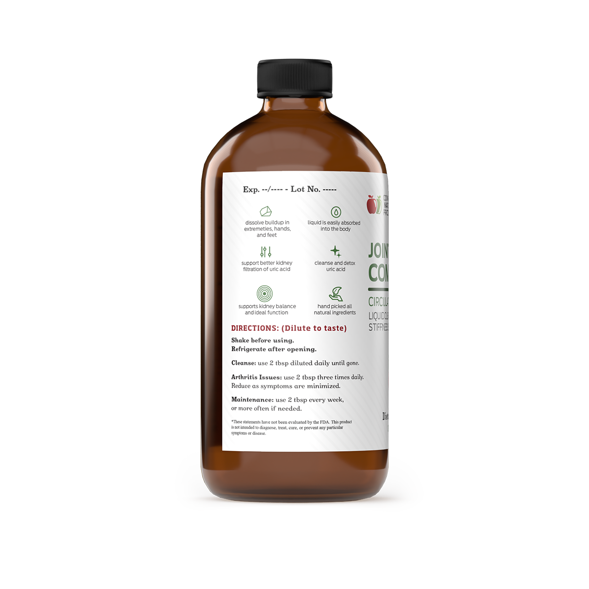 A brown bottle labeled Joint Support Complete by CNPUSA displays usage instructions and icons for dosage, directions, and joint health benefits, with spaces for expiry and lot numbers at the top.