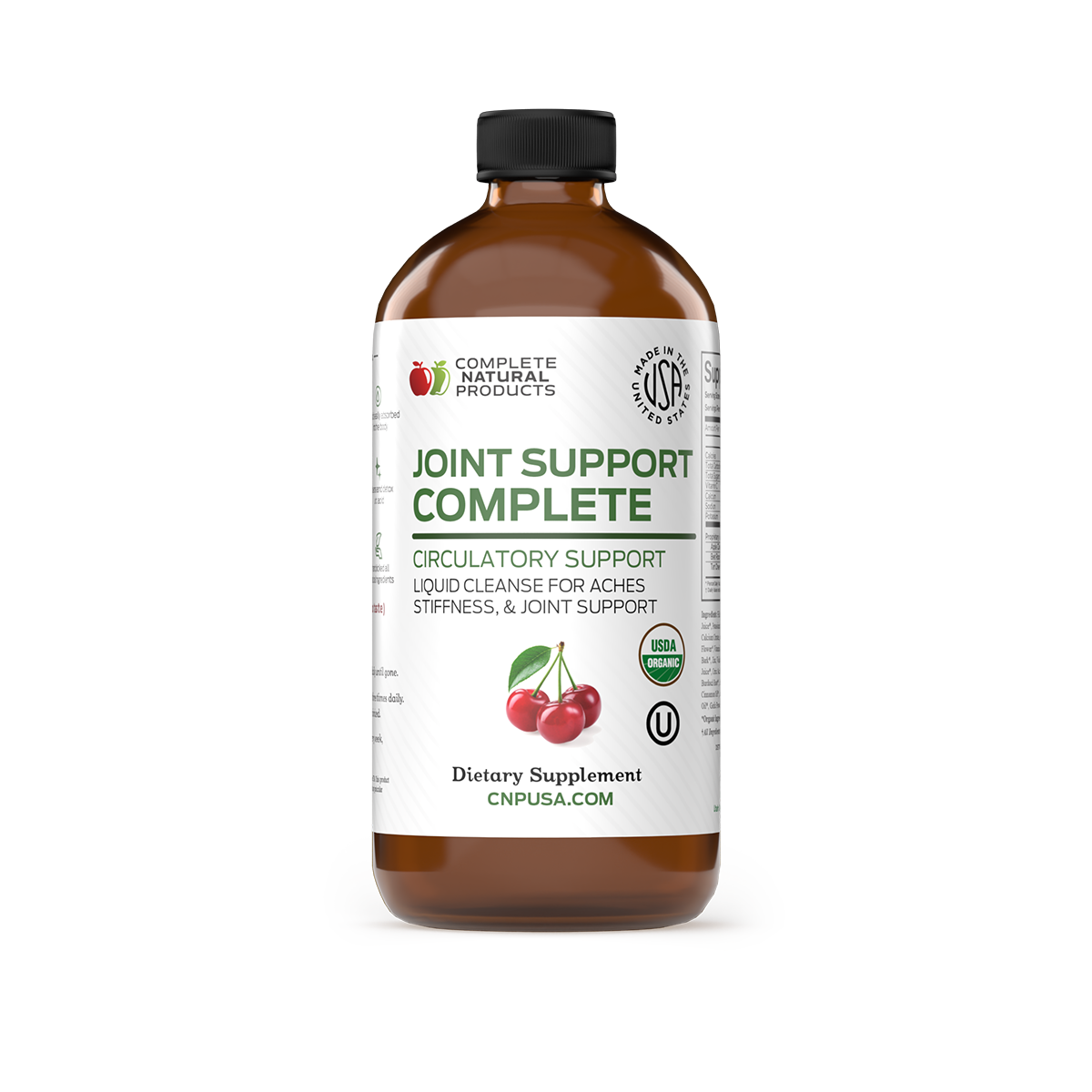 A brown bottle labeled Joint Support Complete by CNPUSA, this liquid supplement features cherries and certifications. The label highlights joint support and circulatory benefits for optimal joint health.