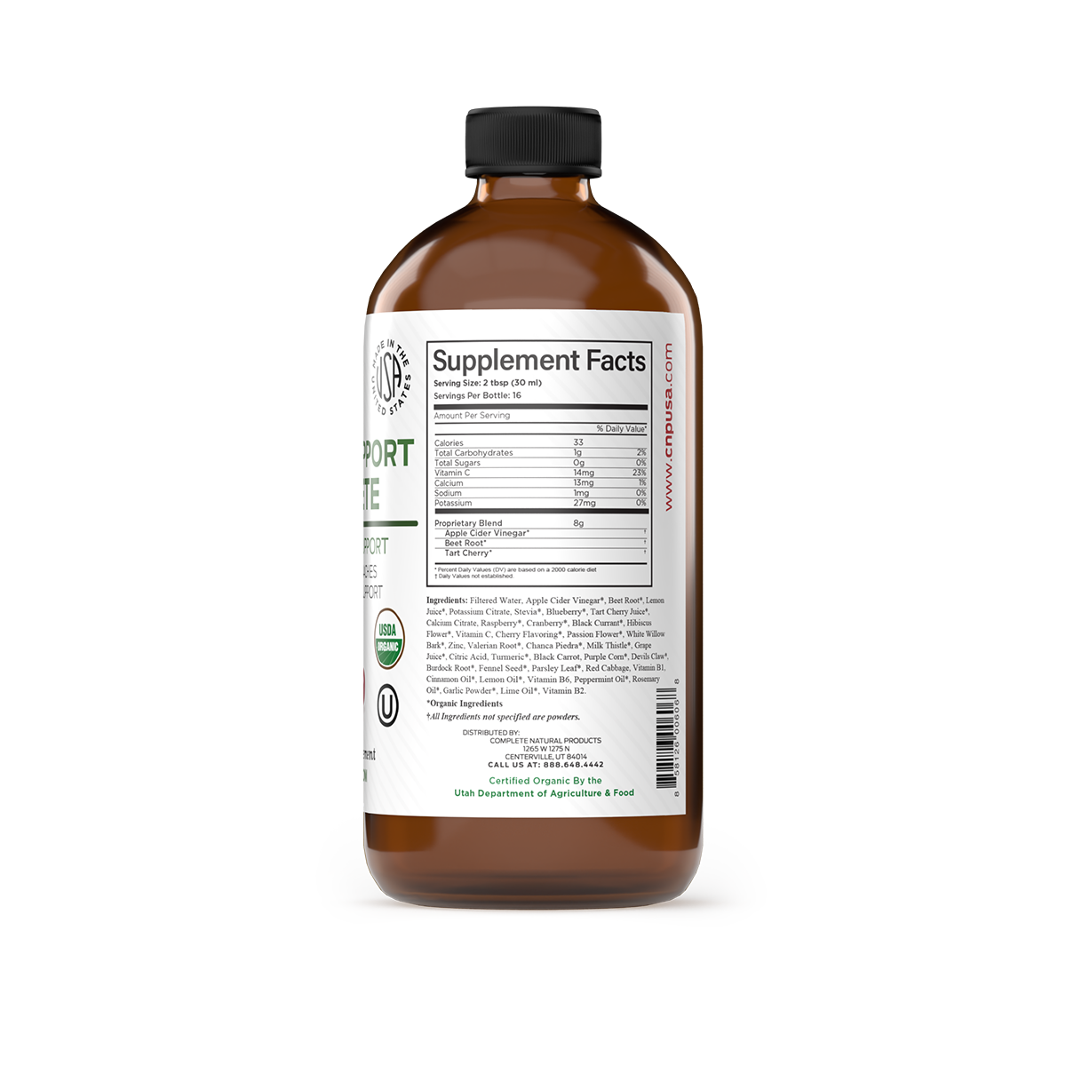 A brown bottle with a black cap labeled “Joint Support Complete” by CNPUSA. The white label features supplement facts, ingredients, certifications, and a bar code in black and green text on a crisp background for joint support.