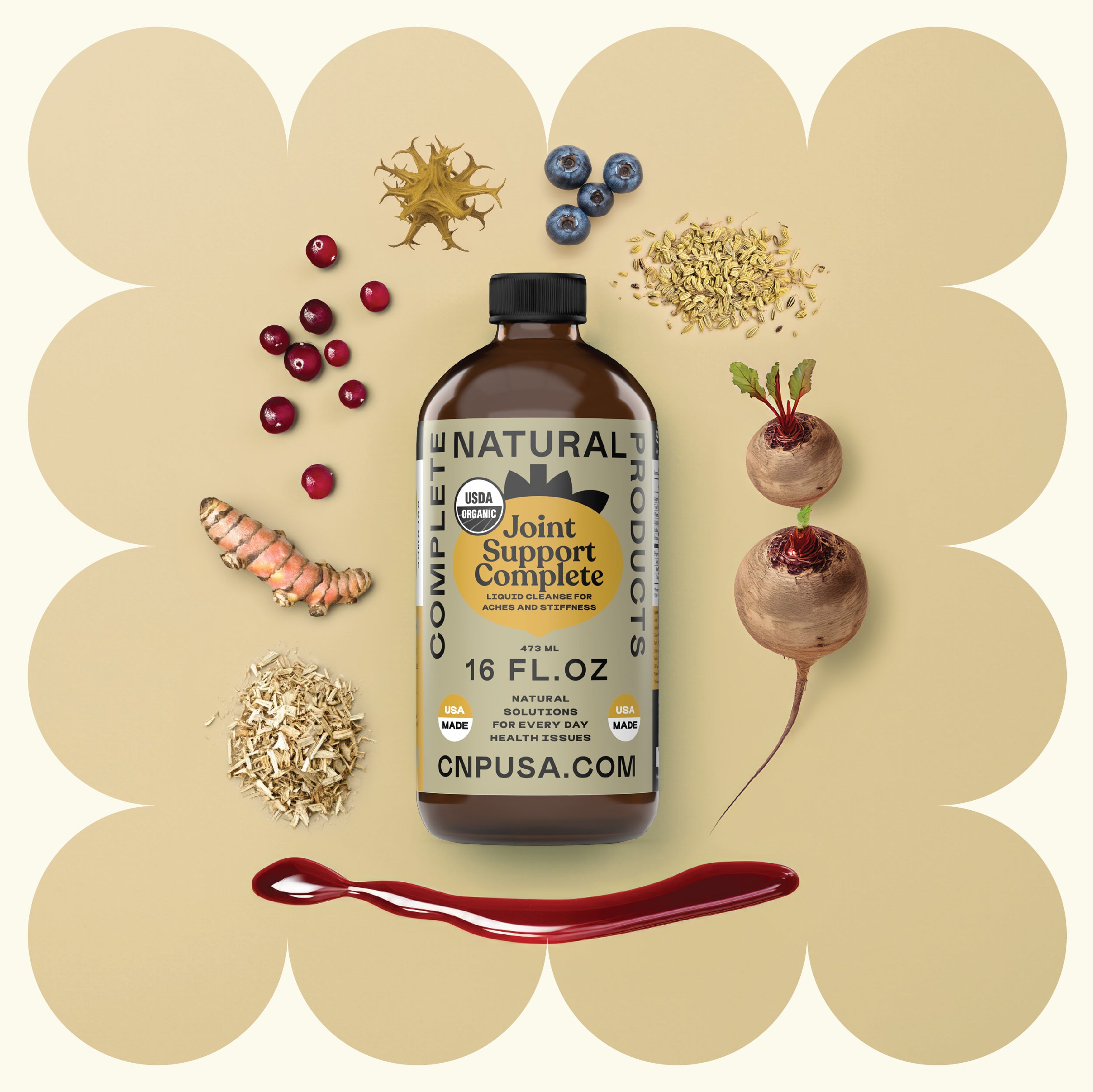 A 16oz glass bottle labeled Joint Support Complete by CNPUSA, promoting joint health, sits among organic turmeric, beets, berries, herbs, and a red sauce on a beige scalloped background. Text and the website appear on the bottle.
