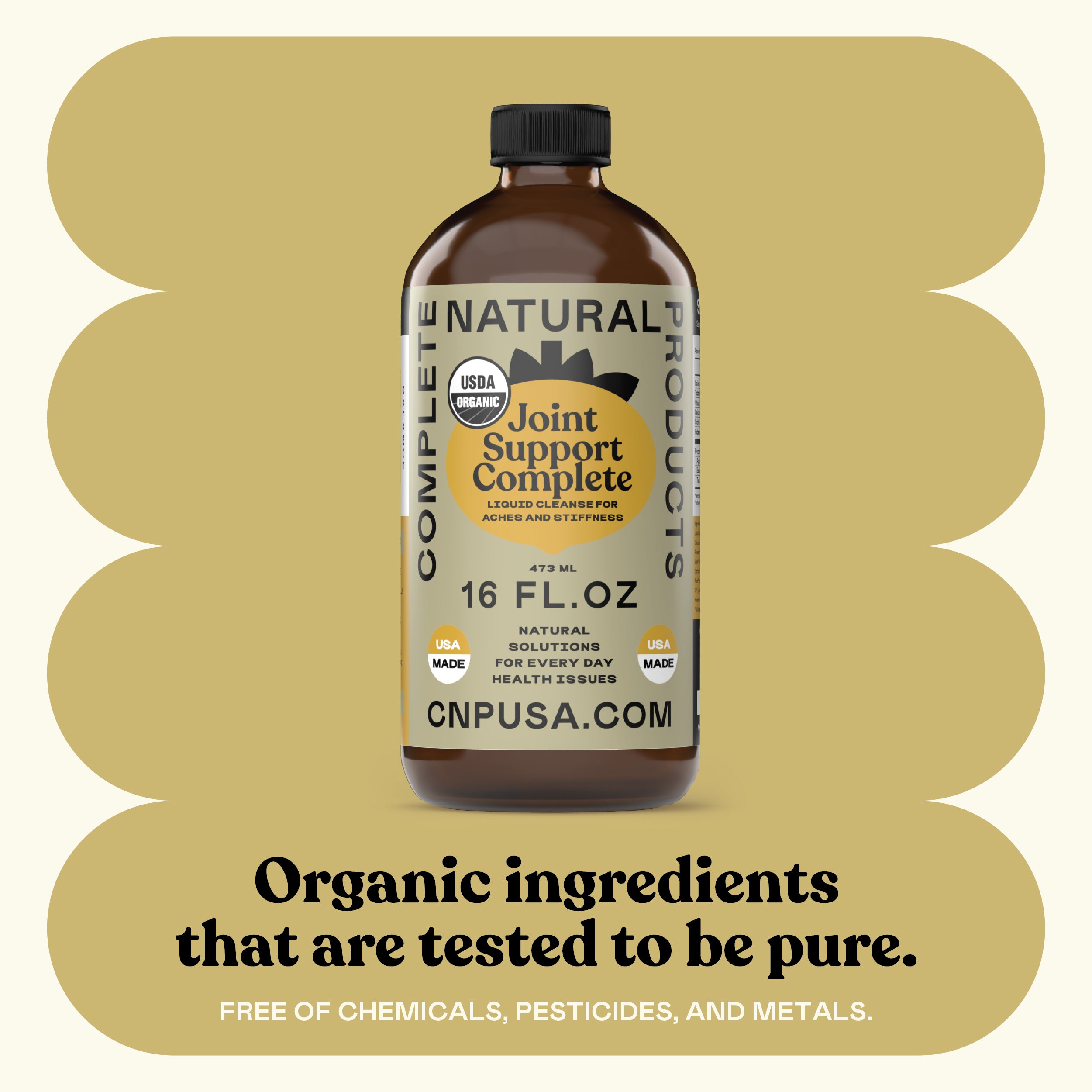 A 16oz CNPUSA Joint Support Complete glass bottle is centered on a tan background, showcasing its organic certification and natural ingredients—free from chemicals, pesticides, and metals.
