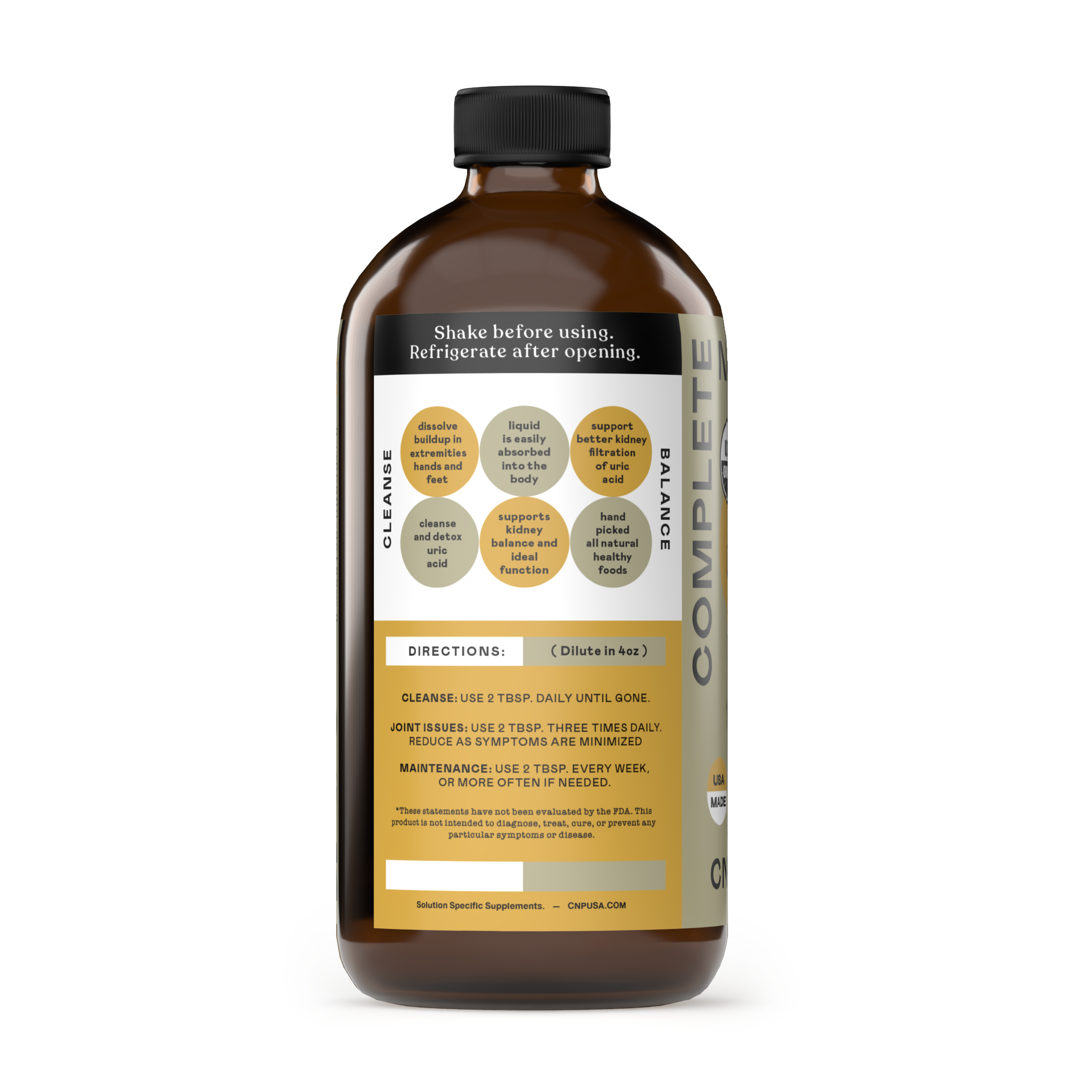 A 16oz brown glass bottle of CNPUSA Joint Support Complete with a label in black and yellow text showing directions, benefits like organic cleanse, joint support, digestion, immunity, and instructions to shake and refrigerate after opening.
