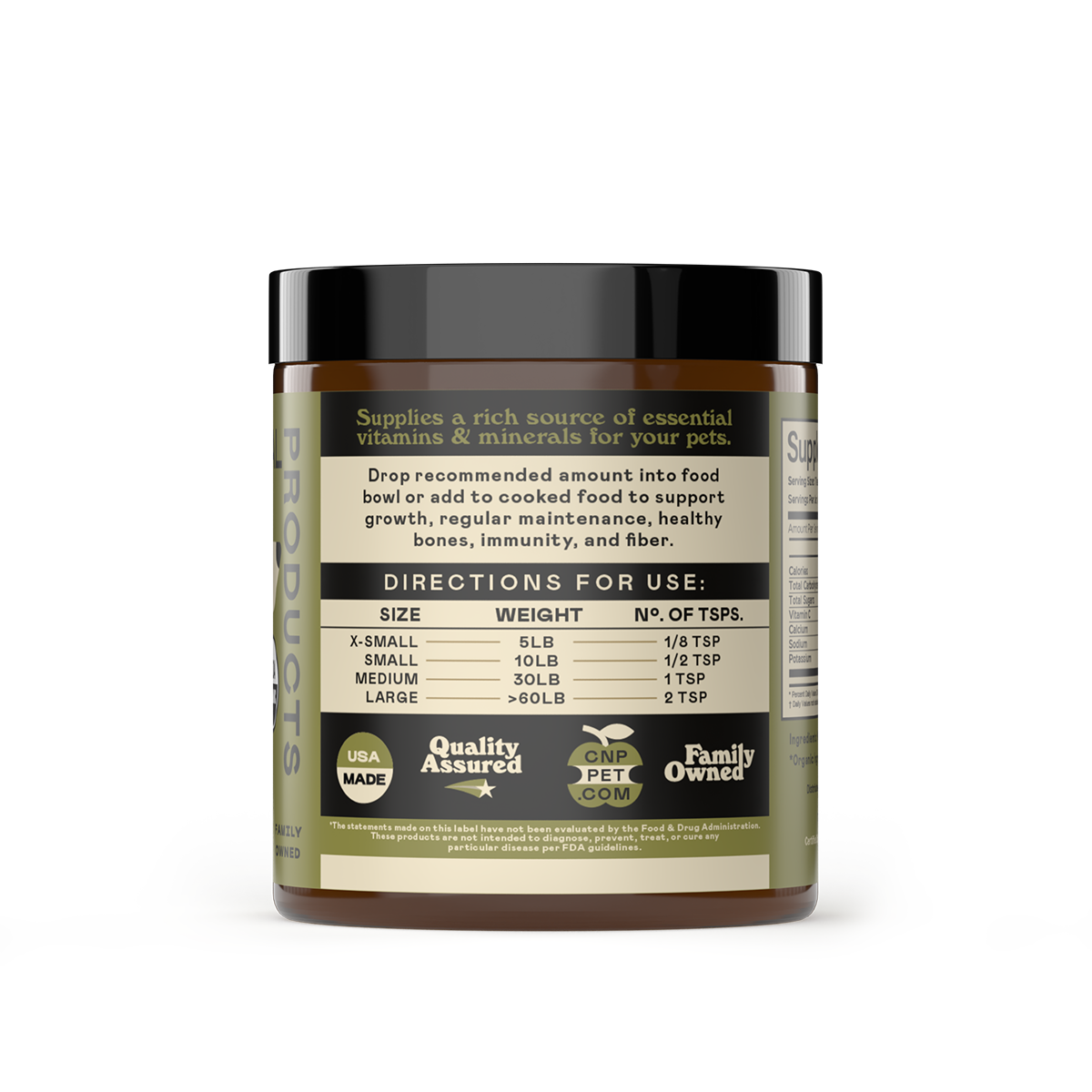 A brown CNP Pet container labeled “Quality Assured” and “Family Owned” with weight-based feeding directions highlights adding Organic Kelp Powder Supplement for Dogs & Cats to food for growth, health, and maintenance.