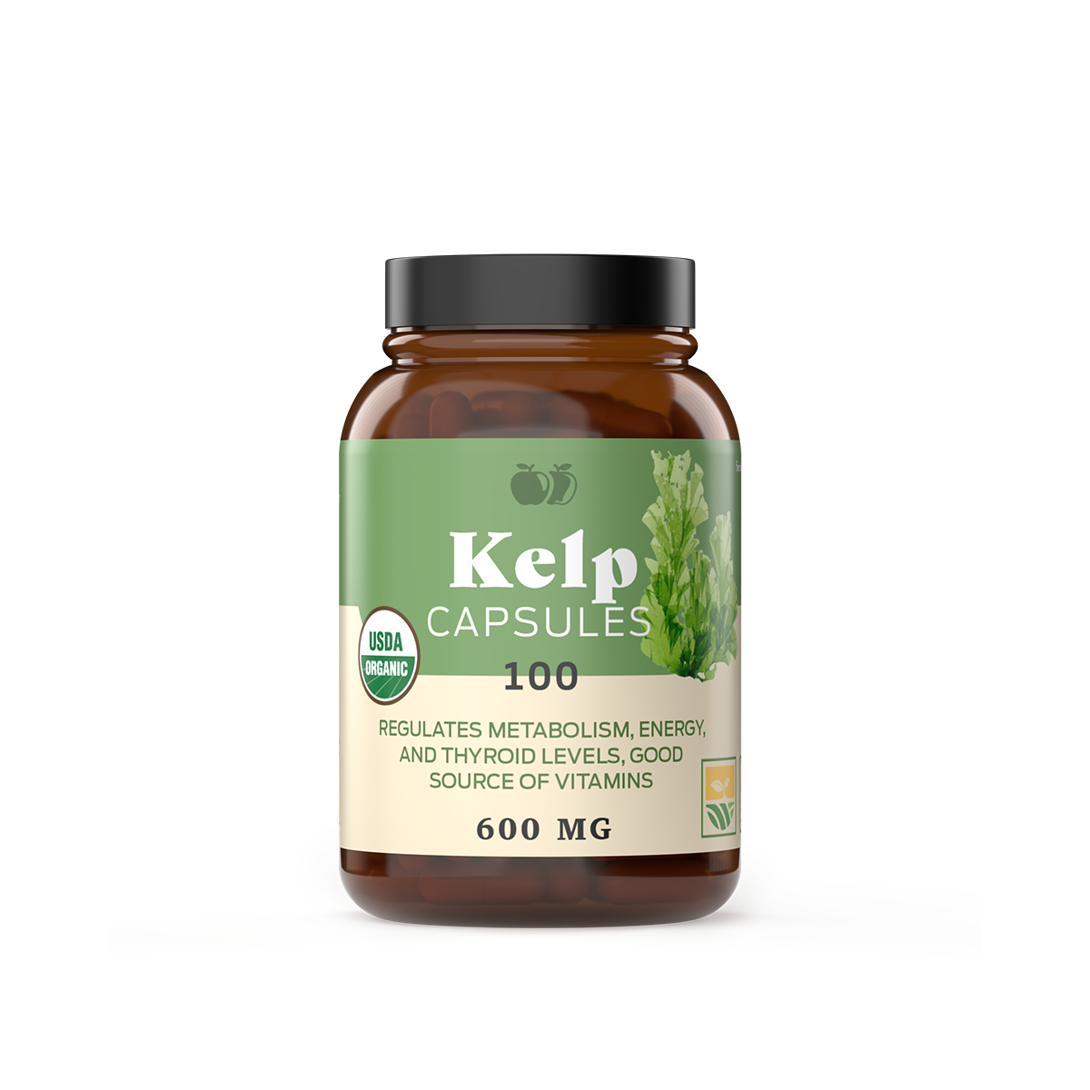 A brown bottle labeled CNPUSA Organic Kelp Capsules 600mg contains 100 capsules with a USDA Organic seal, kelp leaf images, and highlights natural iodine for metabolism, energy, thyroid health, and overall nutrients.