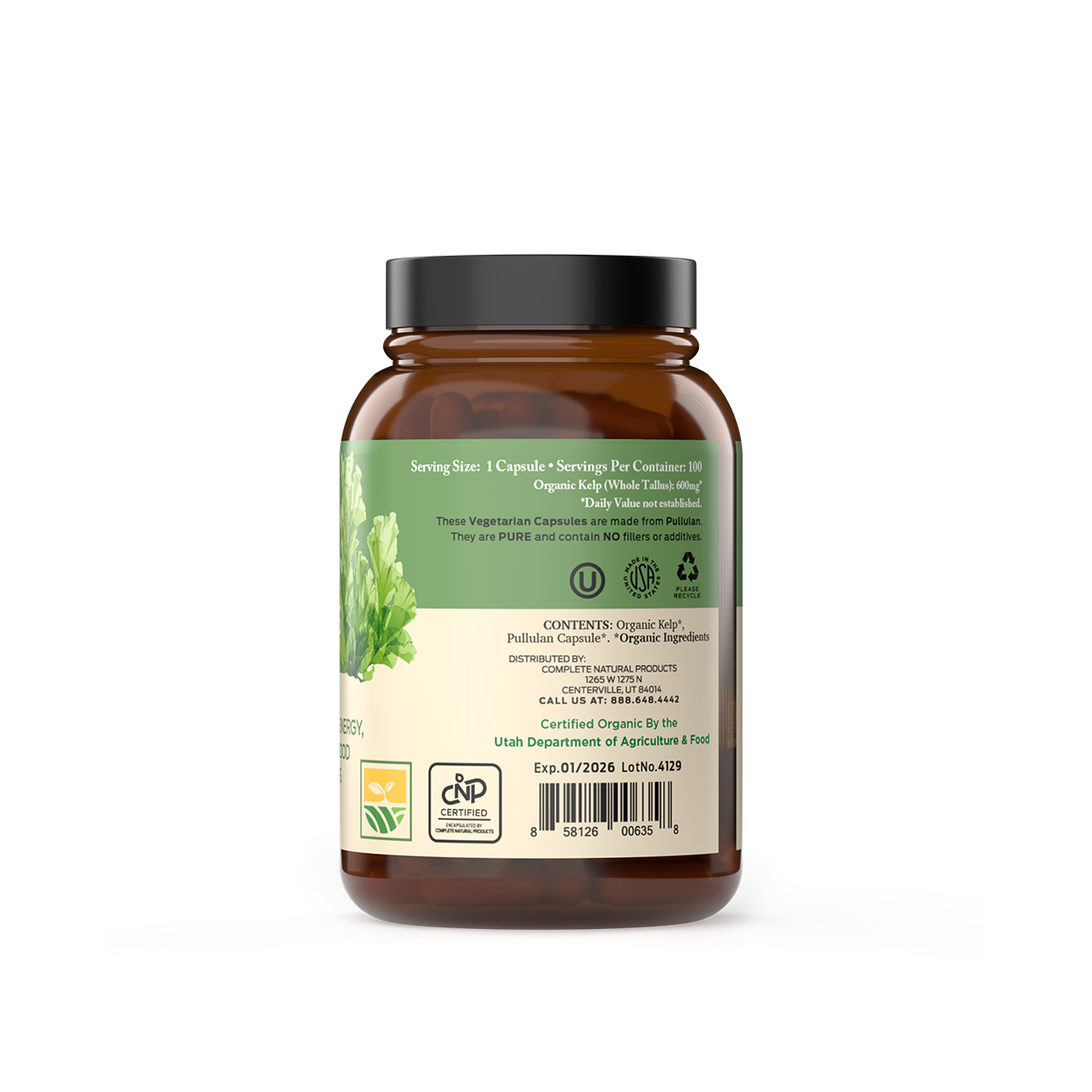 A brown CNPUSA Organic Kelp Capsules bottle with a white lid features a label detailing ingredients, certifications, serving size, natural iodine content, expiration date, and leafy greens illustration to support nutrient intake.