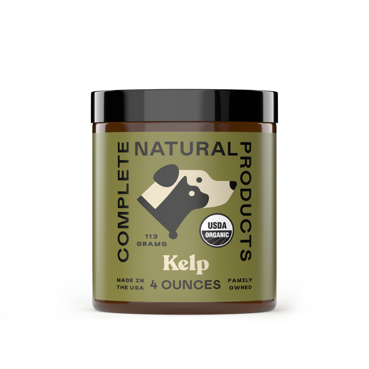 A brown jar labeled CNP Pet Organic Kelp Powder Supplement for Dogs & Cats features a dog illustration, USDA Organic seal, and 4oz (113g) text. The black background with gold accents highlights its amino acids and protein content.
