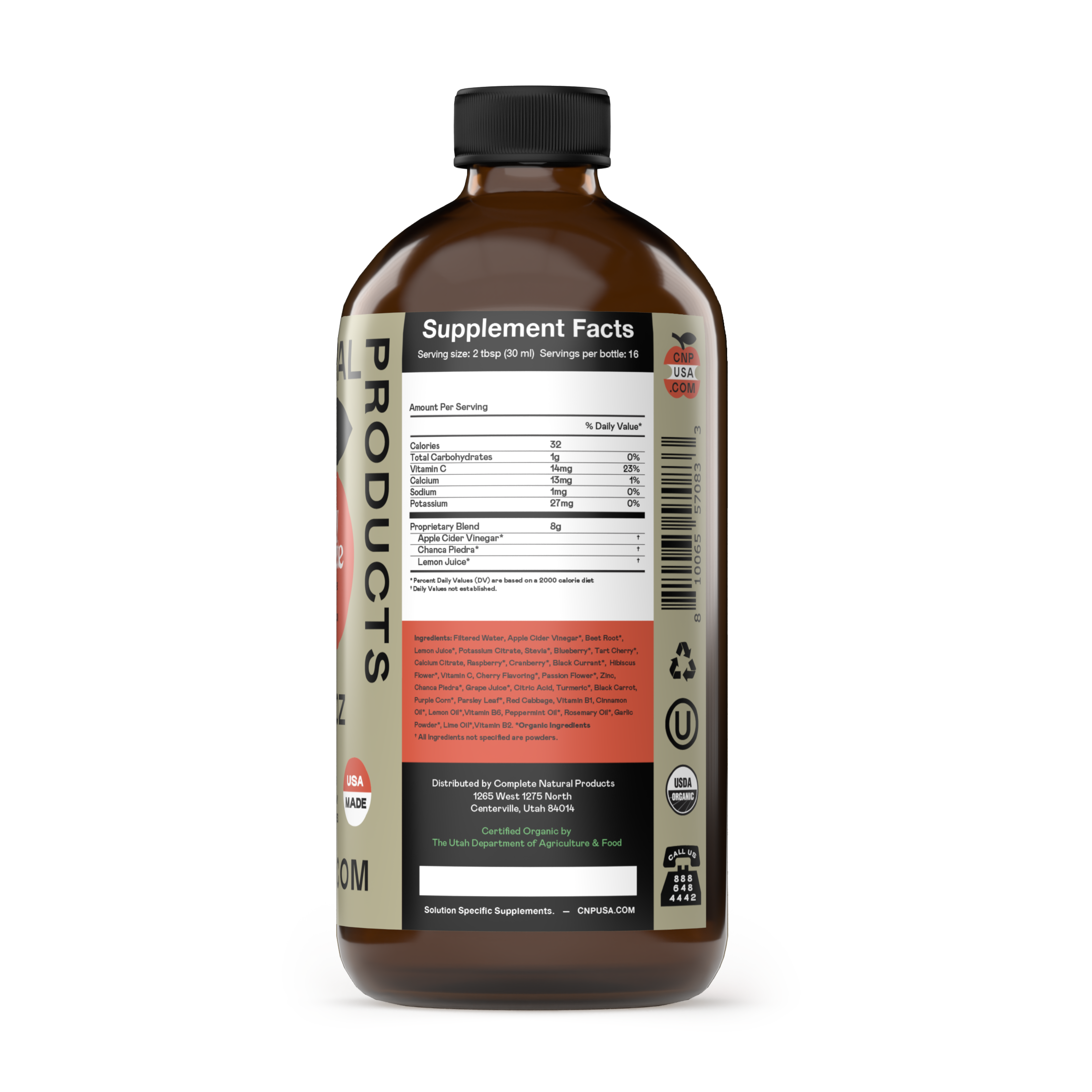 A 16oz glass bottle of CNPUSA’s Kidney Complete features a Supplement Facts label listing ingredients like Chanca Piedra for kidney health, with certification symbols and contact information found at the bottom of the label.