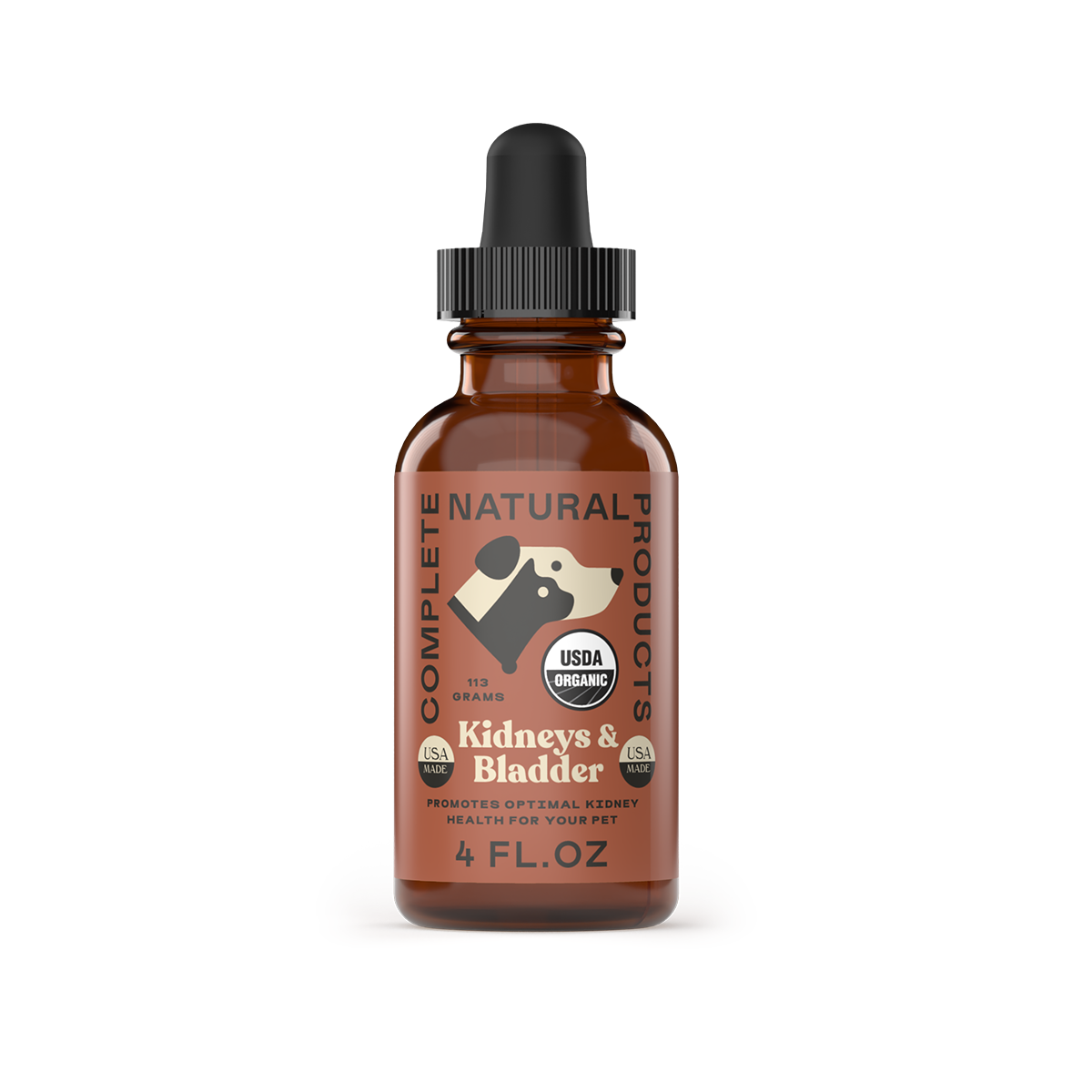 A 4 oz brown glass dropper bottle labeled CNP Pet Kidney & Bladder Stone Cleanse, USDA Organic, with Chanca Piedra and other organic ingredients to support optimal kidney health for pets.