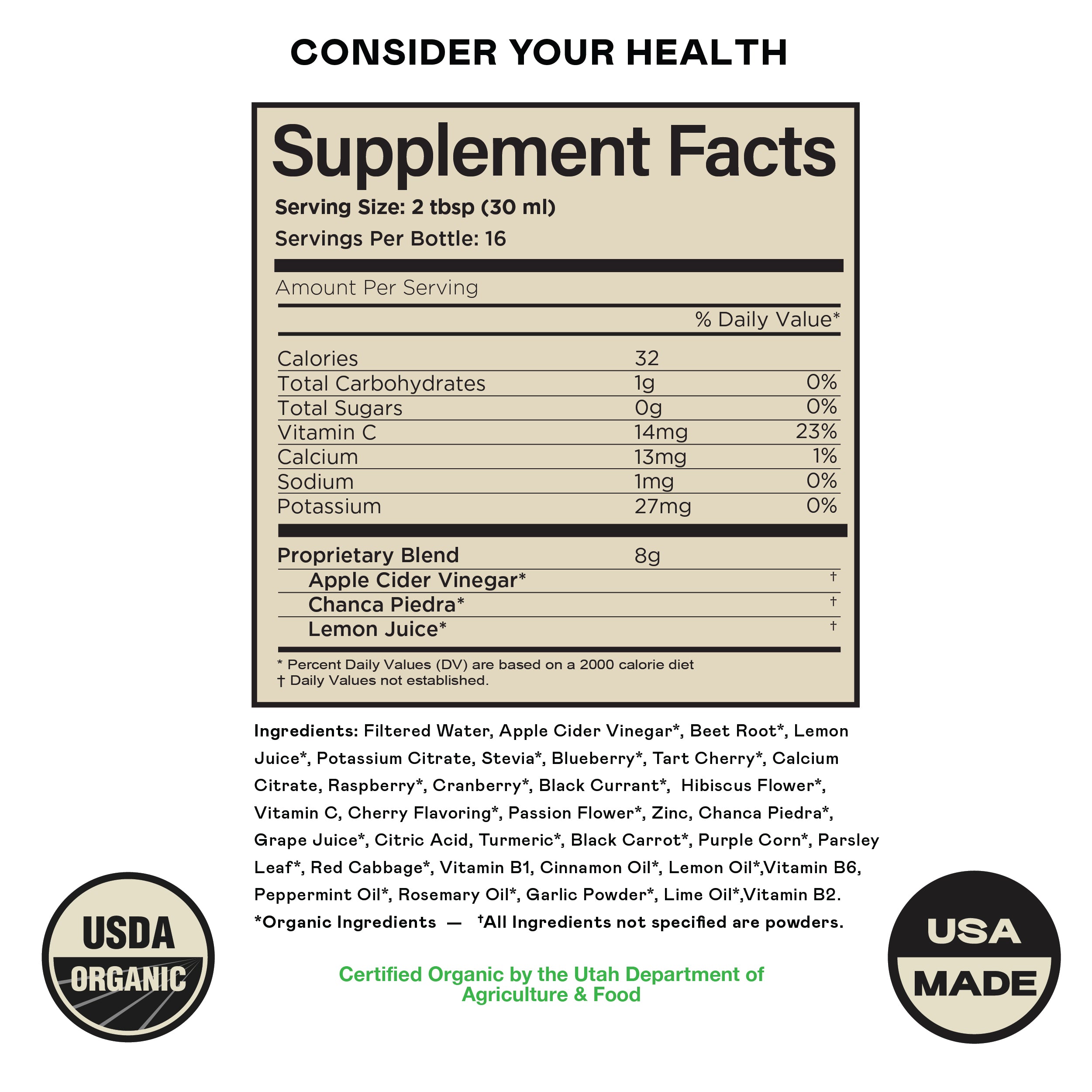 The Kidney Complete 16oz Glass Bottle by CNPUSA features a supplement facts label for its organic juice blend with Chanca Piedra and Apple Cider Vinegar, lists ingredients, nutrition info, USDA Organic and USA Made seals, and certification by Utah Dept. of Agriculture & Food.
