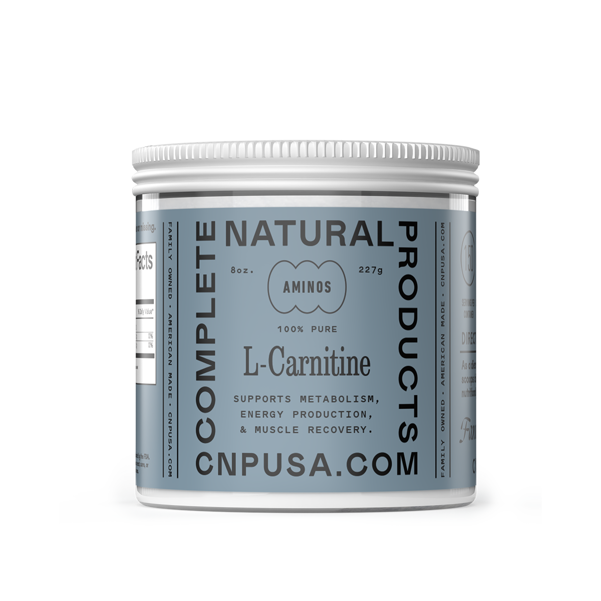 A container of CNPUSA L-Carnitine Powder, 100% pure amino acid derivative supplement, 8 oz (227g), supports metabolism, energy production, and muscle recovery.