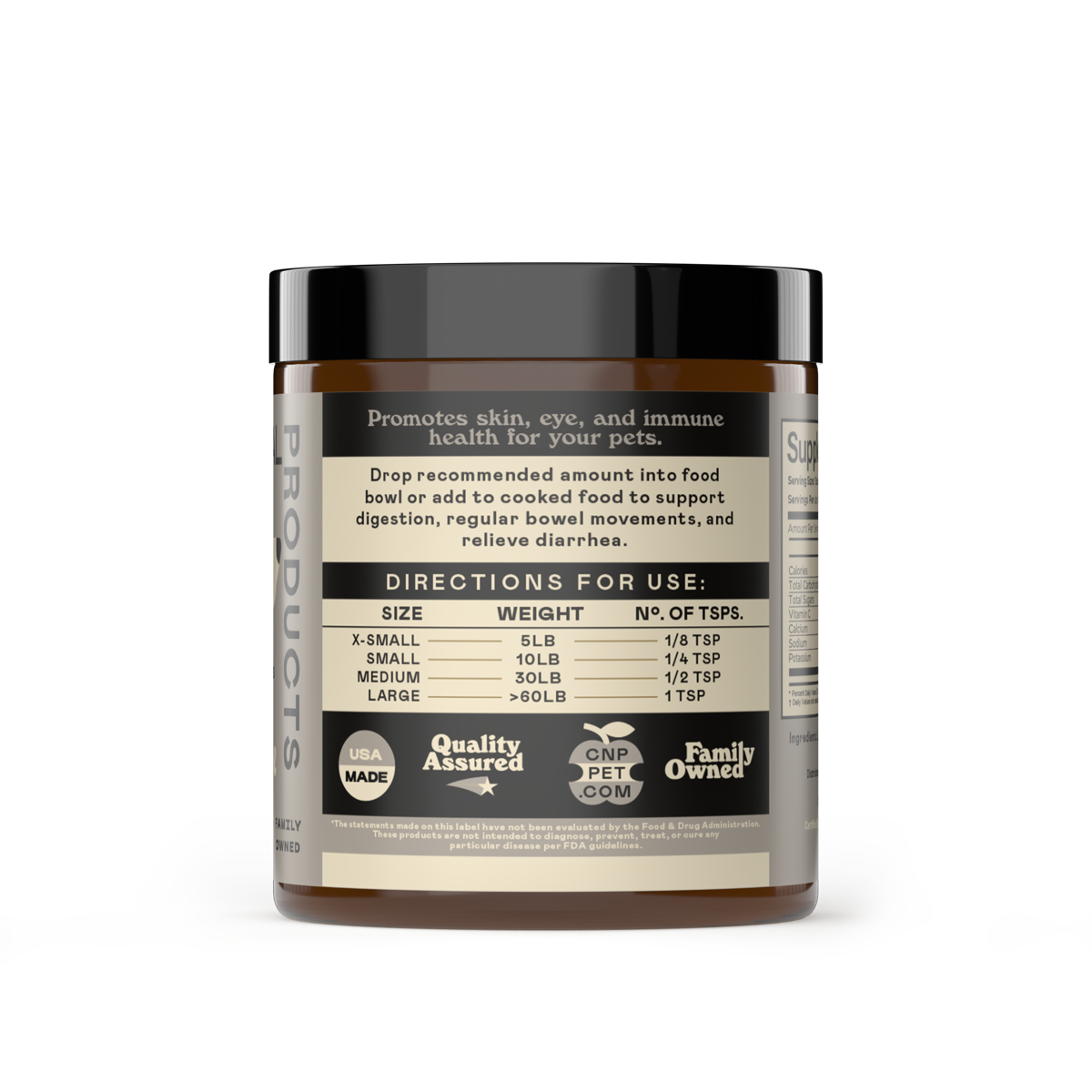 CNP Pet L-Lysine Powder for Dogs, Cats & Pets jar features weight-based dosage directions, quality assurance badges, and highlights benefits for skin, eye, and immune health. Background showcases a metallic, sparkly decorative pattern.