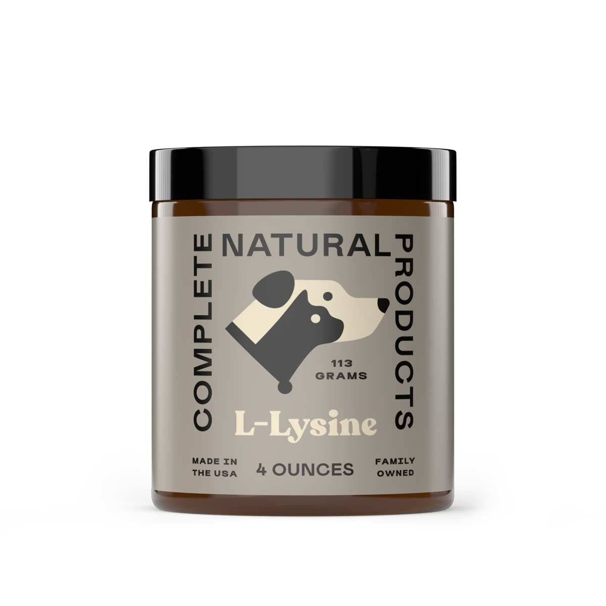 A 113g (4 oz) jar of CNP Pet L-Lysine Powder for Dogs, Cats, & Pets features a dog illustration on a gold-speckled black label. Made in the USA by a family-owned company, it supports immune health in pets.