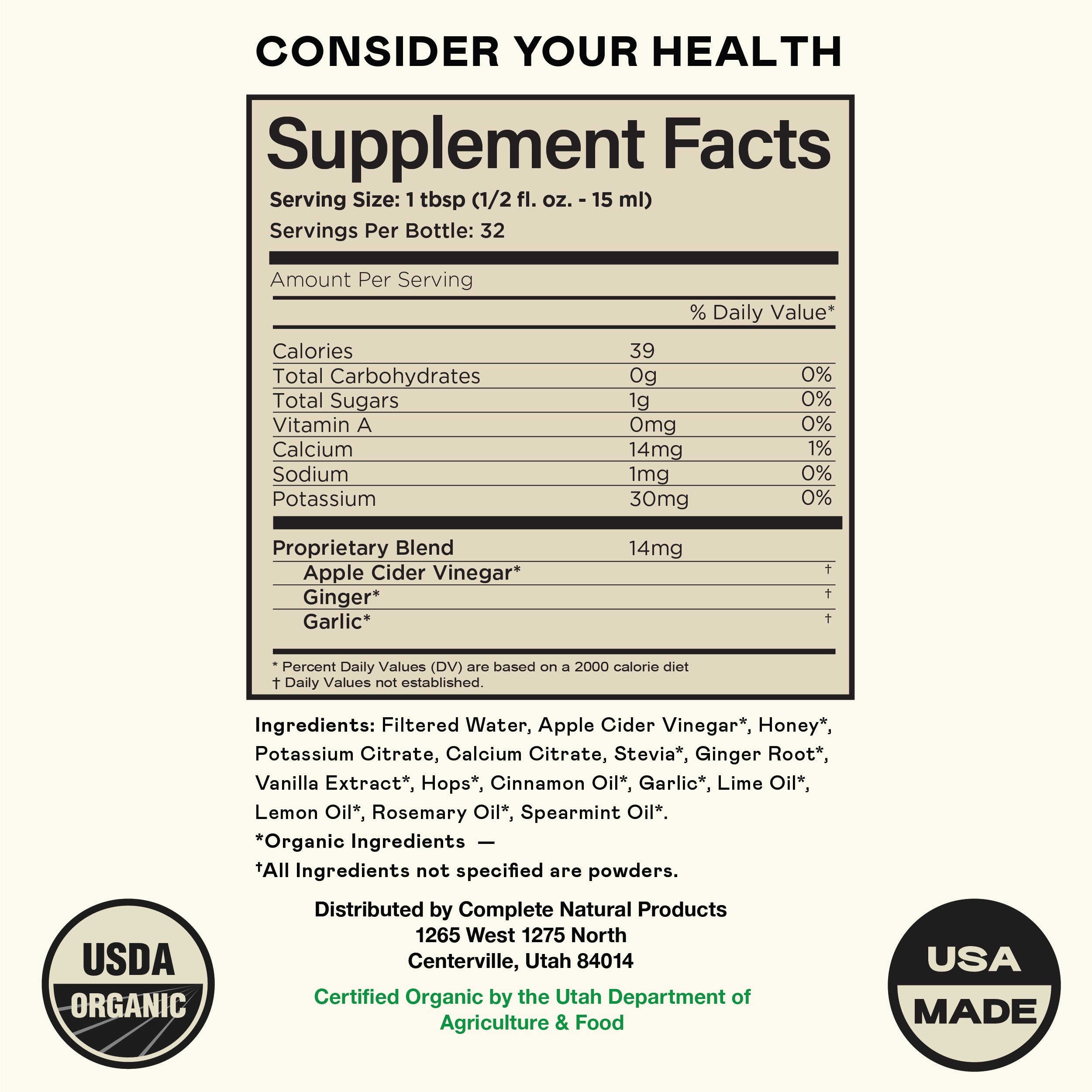 The supplement facts label for Cramp Complete - 16oz Glass Bottle by CNPUSA details nutrition and ingredients. Features USDA Organic, USA Made seals, and Utah-based contact info. Supports muscle cramping relief and electrolyte restoration.