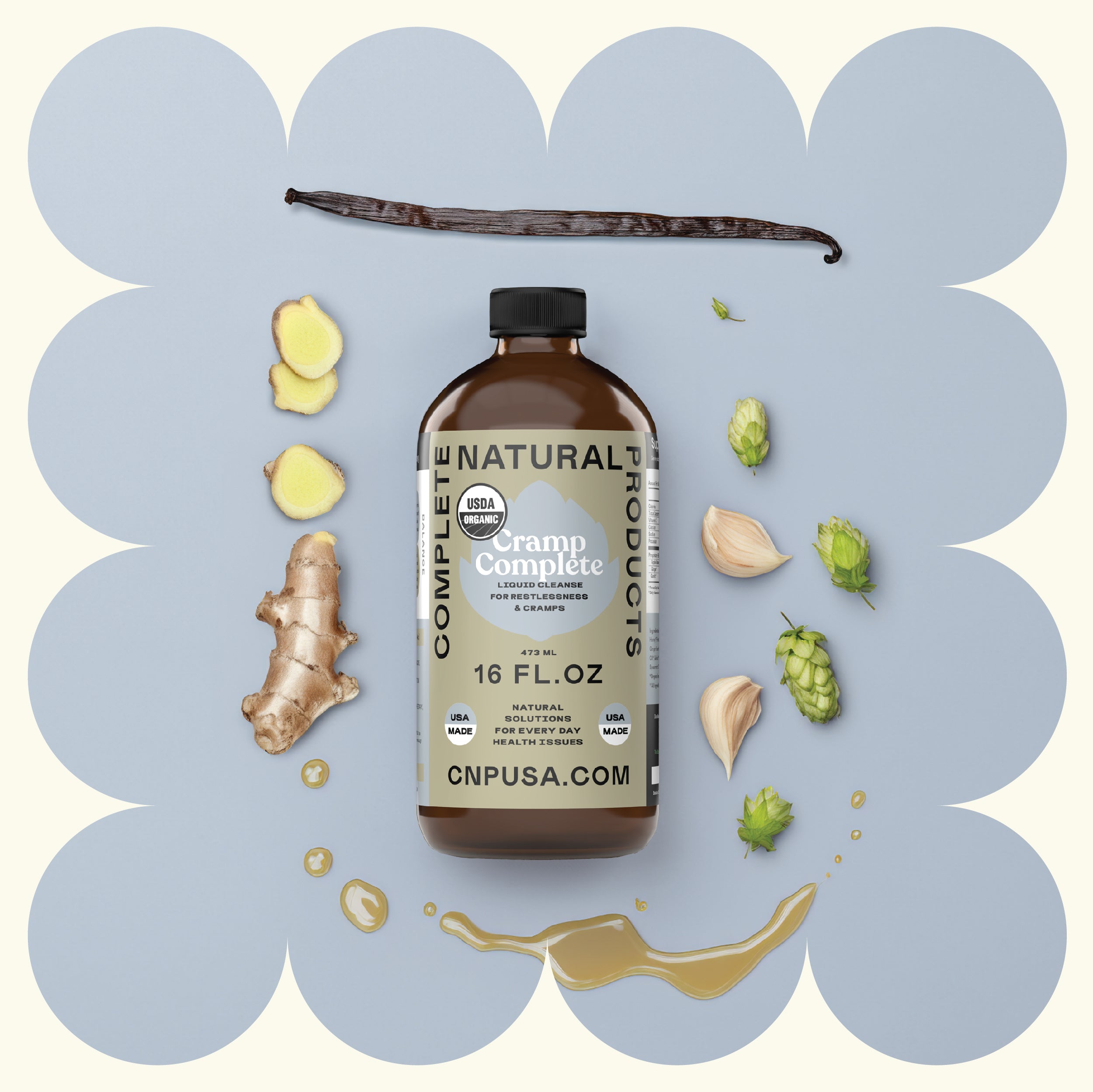 A 16oz glass bottle of CNPUSA Cramp Complete is pictured with vanilla bean, ginger root, hops, garlic, green leaf, yellow flower, and droplets—showcasing natural leg cramp support—on a light blue background with a cream border.