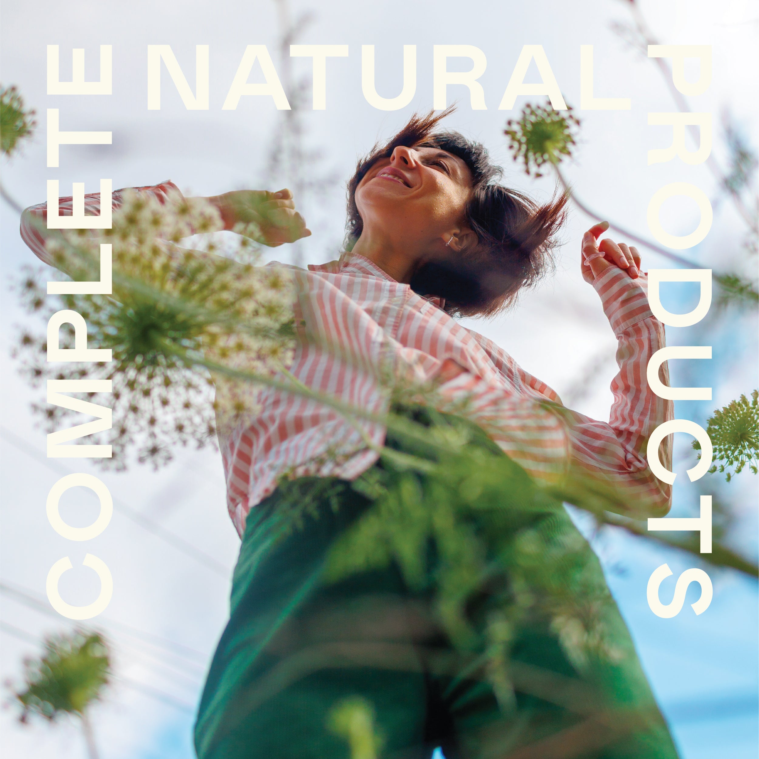 A woman smiles outdoors among green plants, embodying electrolyte restoration. Large text reads: CNPUSA CRAMP COMPLETE - 16oz Glass Bottle, with CRAMP and COMPLETE arranged vertically on the sides.