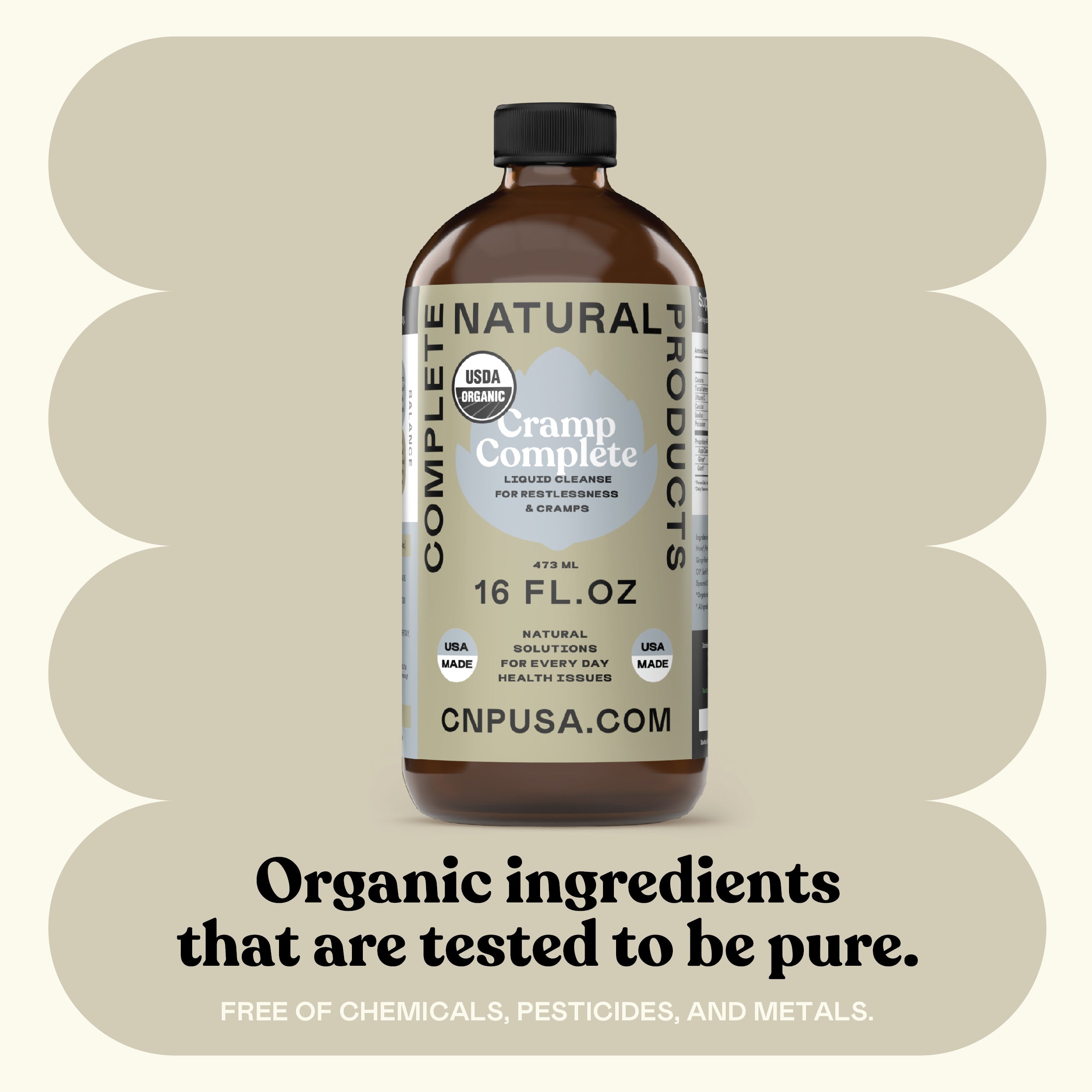 A 16oz glass bottle of Cramp Complete by CNPUSA stands in the center. Text reads: Organic, pure ingredients for muscle cramp relief. Free of chemicals, pesticides, and metals. USDA organic and USA made logos are shown.