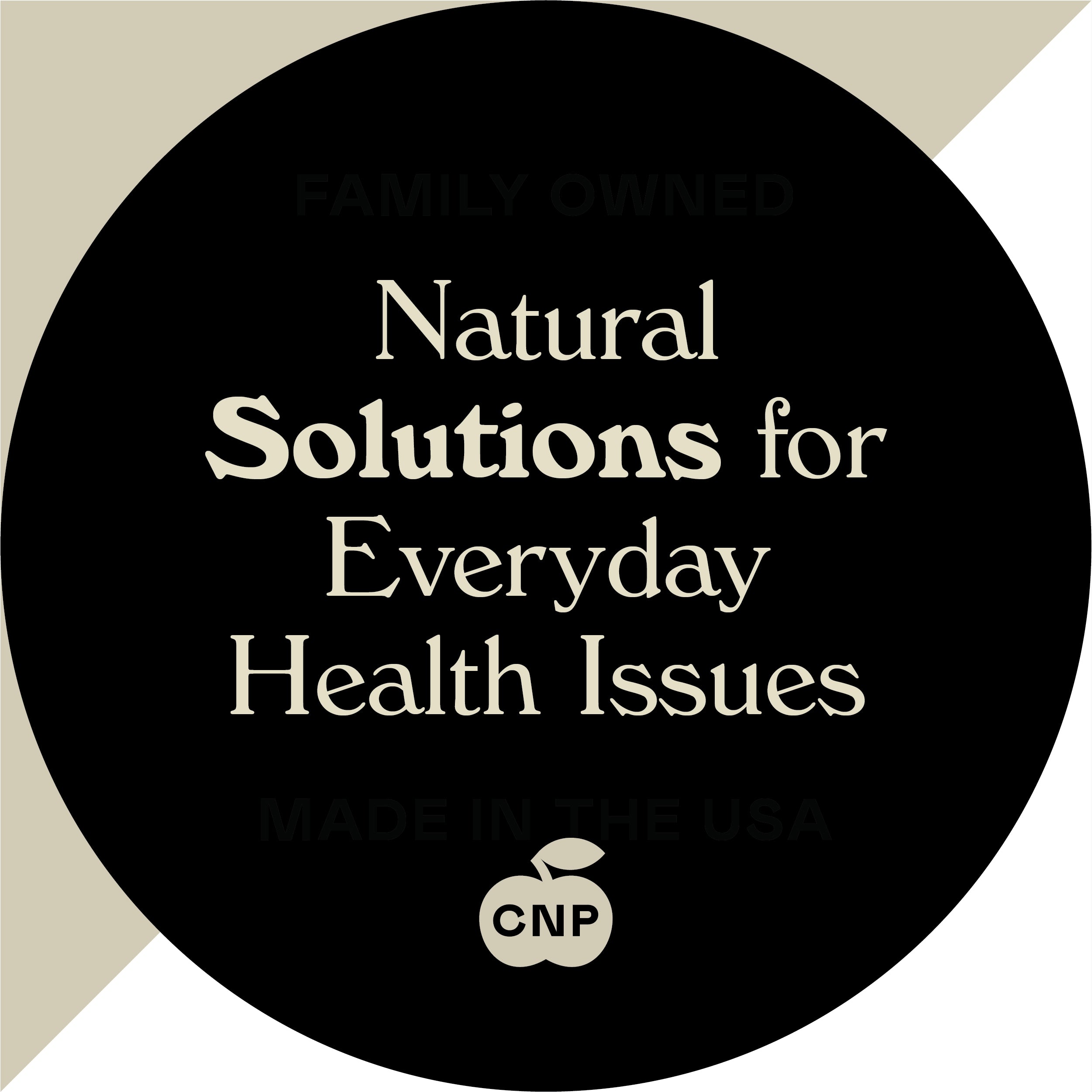 A black circle with beige text reads: Cramp Complete - 16oz Glass Bottle for muscle cramping. Faint text above says Family Owned, below says Made in the USA, and a CNPUSA logo appears inside an apple at the bottom.