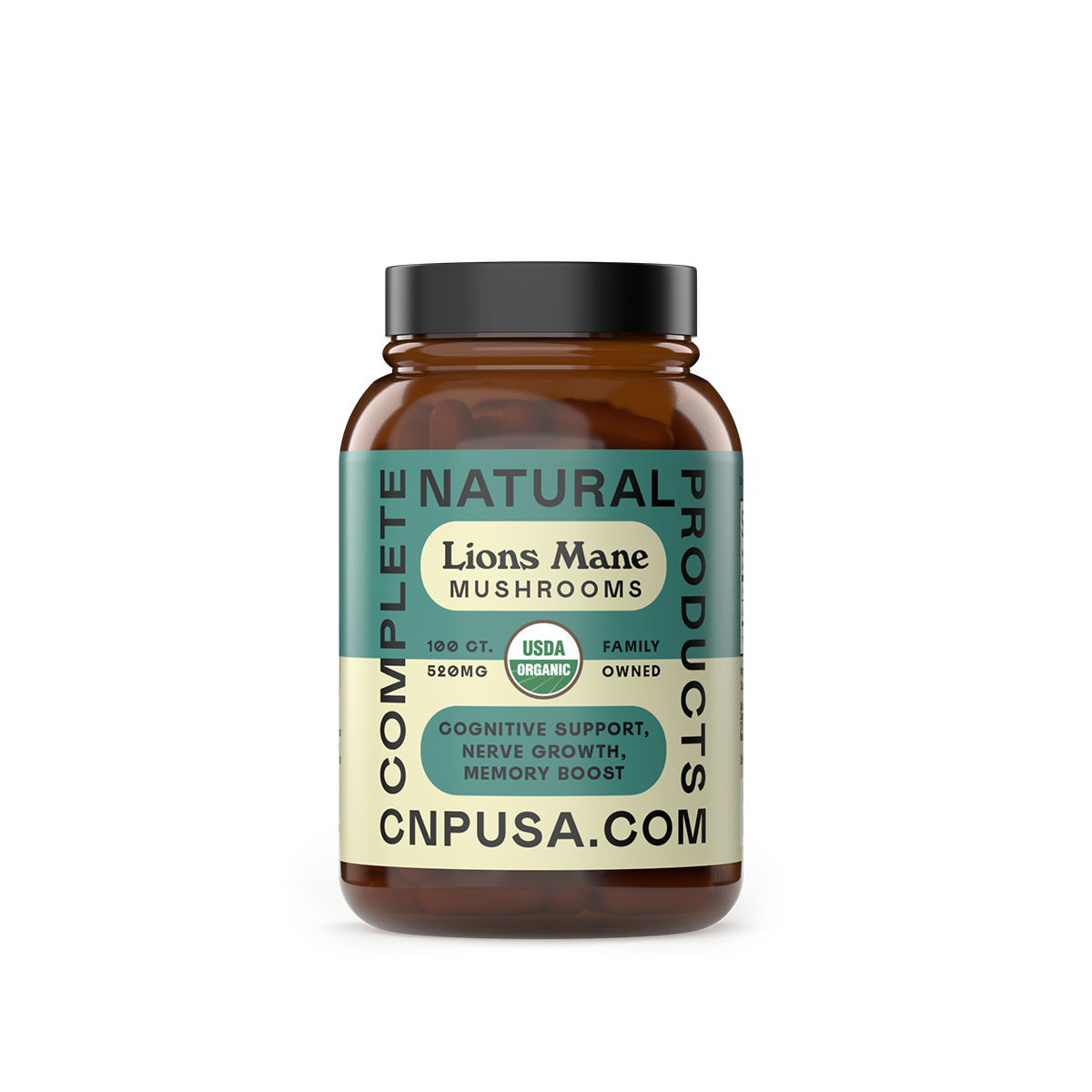 A brown bottle labeled Organic Lions Mane Capsules by CNPUSA, USDA Organic and family-owned, provides 520mg per serving and claims adaptogenic mushroom benefits for cognitive support, nerve growth, and memory enhancement.