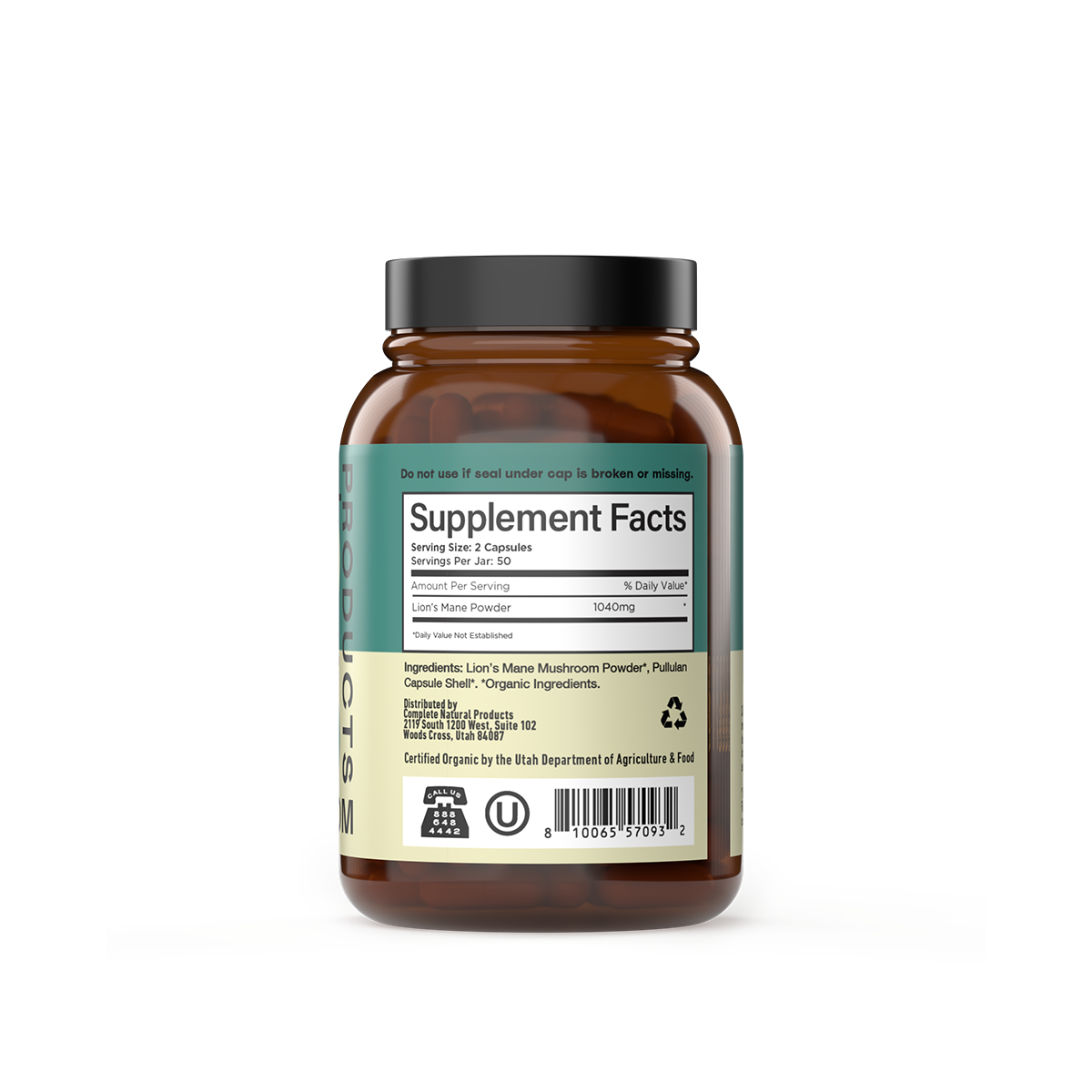 A brown bottle of CNPUSA Organic Lions Mane Capsules features a Supplement Facts label highlighting adaptogenic Organic Lion’s Mane as the main ingredient, a serving size of two capsules, certifications, and a barcode at the bottom.
