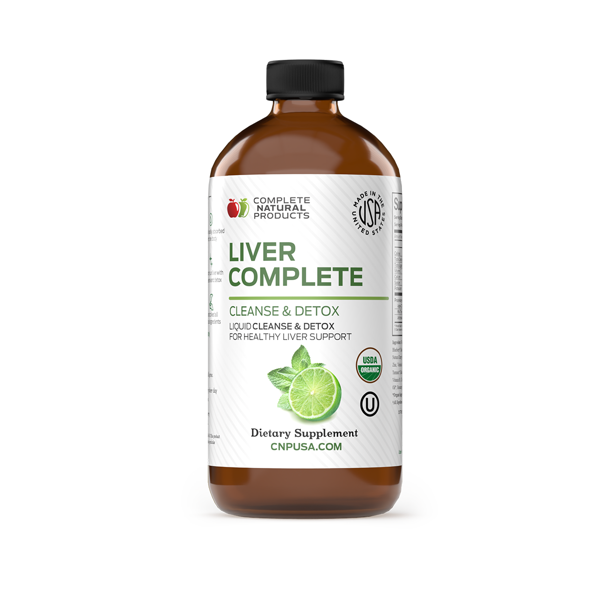 Brown bottle of CNPUSA Liver Complete liquid supplement features limes on the label and displays USDA Organic certification. This formula supports liver and gallbladder cleanse and detox for overall liver wellness.