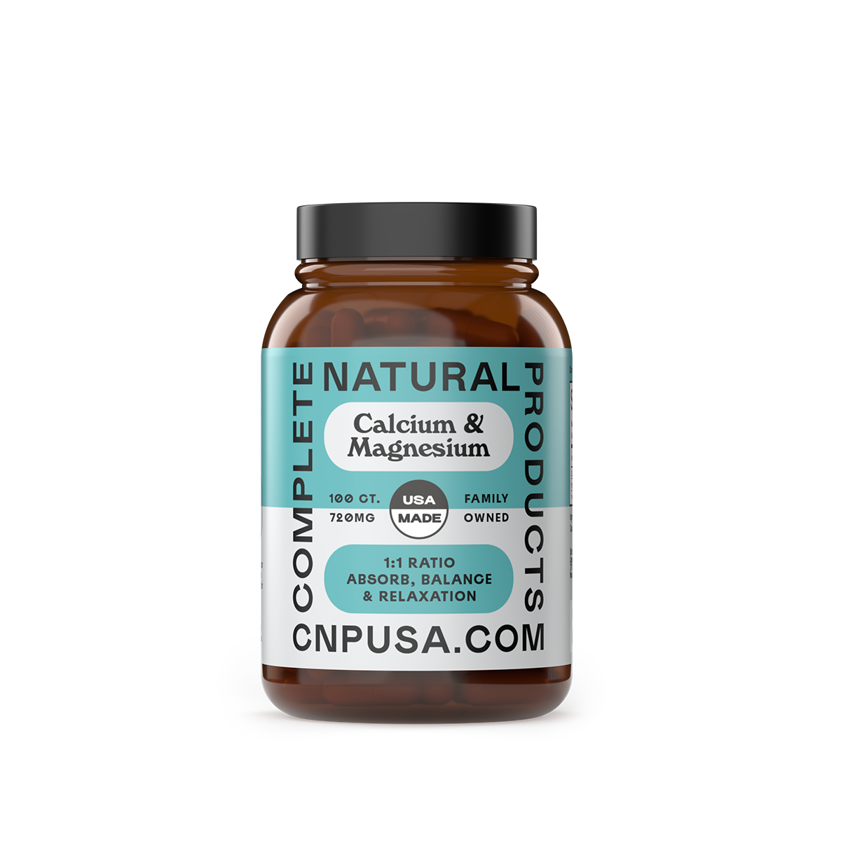 A brown bottle of CNPUSA Calcium & Magnesium Capsules with blue and white label highlighting strong bones, USA made, family owned, and a 1:1 Magnesium-Calcium ratio for balance, absorption, and relaxation. Visit CNPUSA.COM.