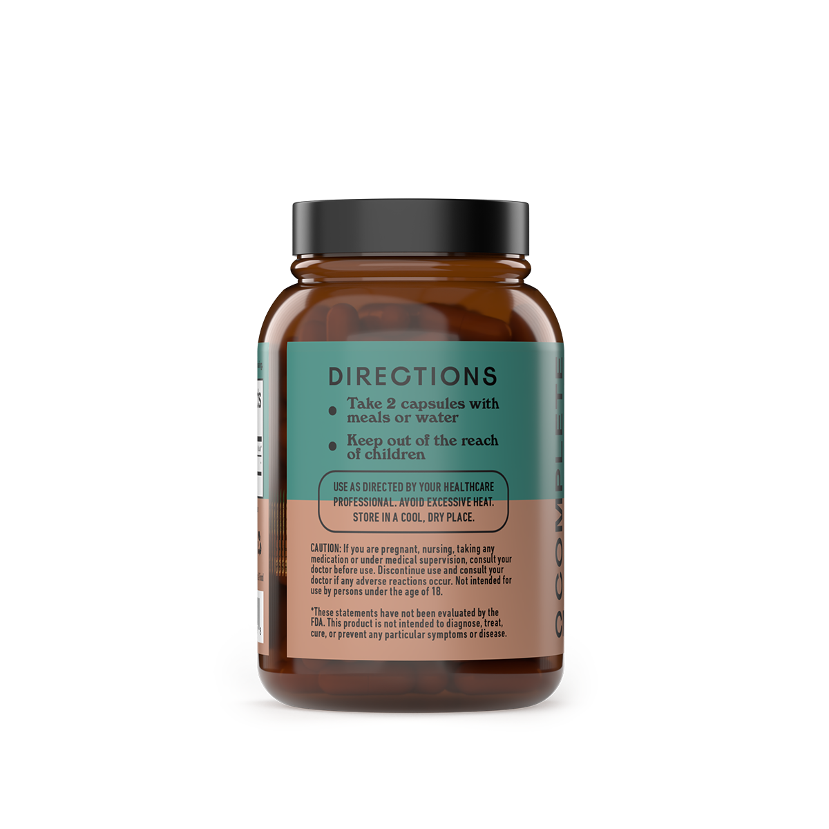A brown pill bottle of CNPUSA Organic Maitake Capsules with a green label shows directions to take 2 capsules with meals or water. The label highlights adaptogenic mushrooms and provides caution and storage instructions. Keep out of reach of children.