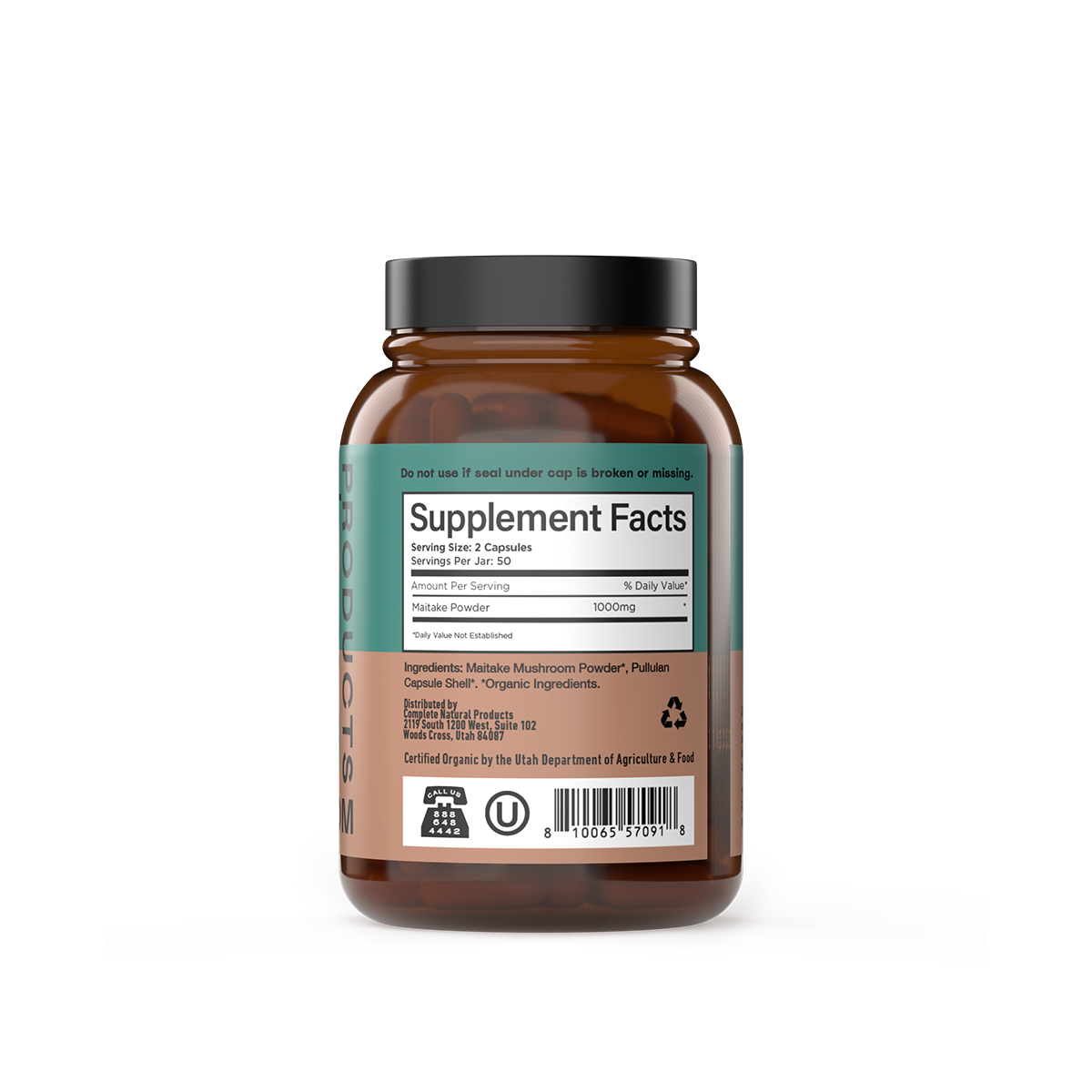 A brown bottle of CNPUSA Organic Maitake Capsules with a white cap contains brown capsules. The label lists ingredients like adaptogenic mushrooms and Maitake mushroom, with a serving size of 2 organic capsules.