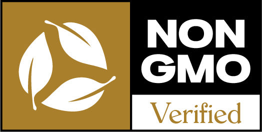 Non-GMO Verified logo featuring three white leaves in a gold square on the left and the text NON GMO Verified in white and gold on a black background on the right.