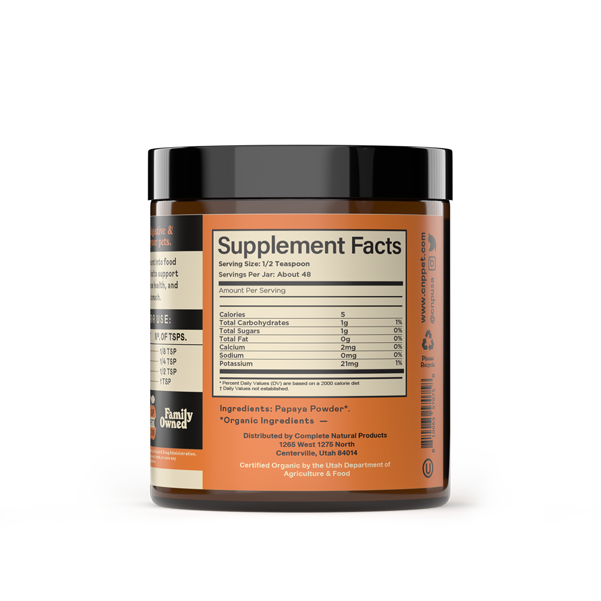 A brown container of CNP Pet Organic Papaya Powder for Dogs, Cats, & Pets is shown with a label listing supplement facts, digestion-support ingredients, distributor details, and a Family Owned icon. The jar sits against a white background.