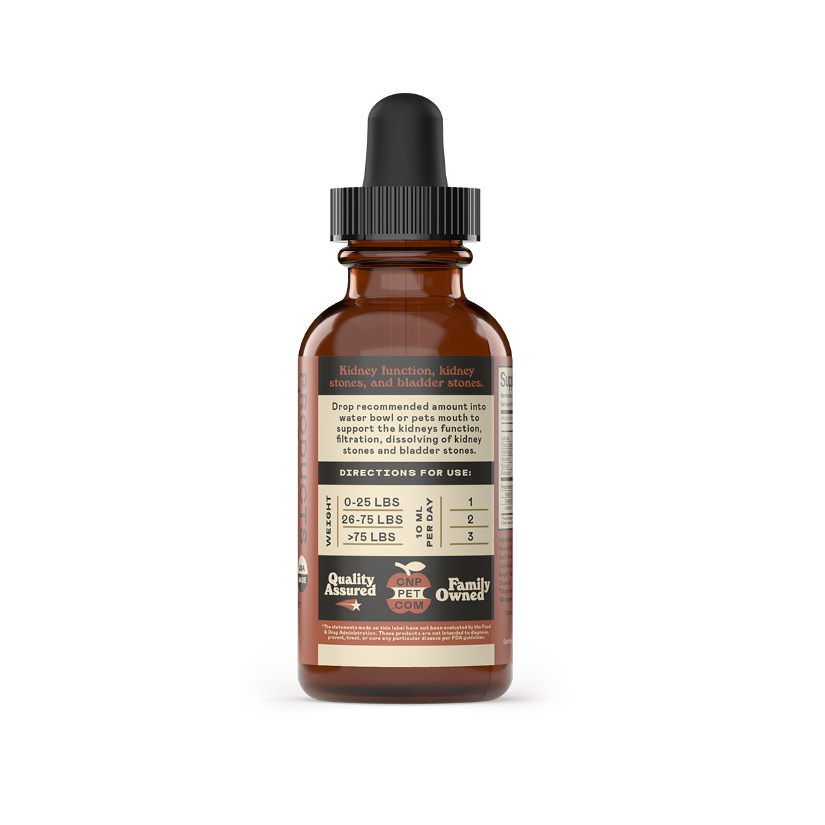 CNP Pet’s Kidney & Bladder Stone Cleanse comes in a brown dropper bottle with a dosage-by-weight label and icons for “Quality Assured,” “Pet Diet,” and “Family Owned.” Contains Chanca Piedra as part of its Organic Kidney Cleanse formula.