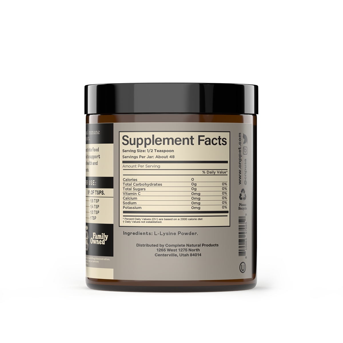A brown container labeled Supplement Facts shows nutrition and ingredients for CNP Pet L-Lysine Powder for Dogs, Cats, & Pets, supporting immune health. Distributed by Complete Natural Products, Centerville, Utah; 48 servings per jar.