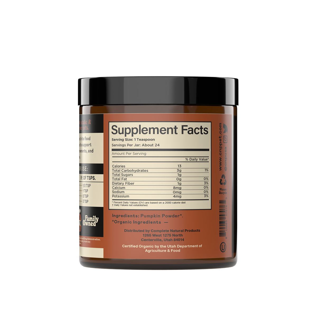 CNP Pet Organic Pumpkin Powder for Dogs & Cats comes in a brown jar with a beige label listing nutrition facts, serving size, ingredients (including pumpkin powder), and values for calories, carbs, fiber, sugar, and protein. USDA organic certified.