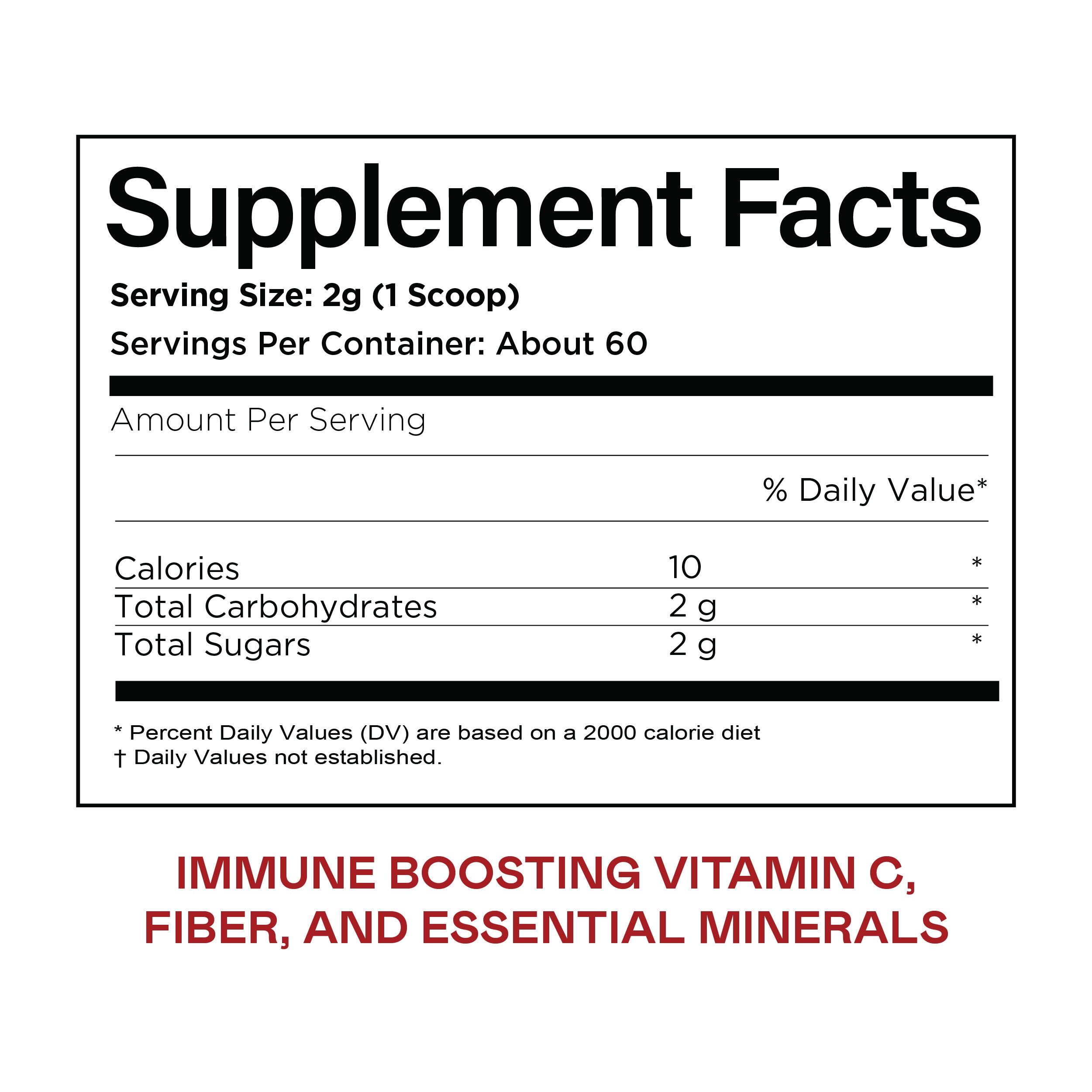 Supplement facts label showing 1 scoop (2g) as serving size, about 60 servings per container. Each serving has 10 calories, 2g total carbs, and 2g sugars. Text below highlights vitamin C, fiber, and essential minerals.