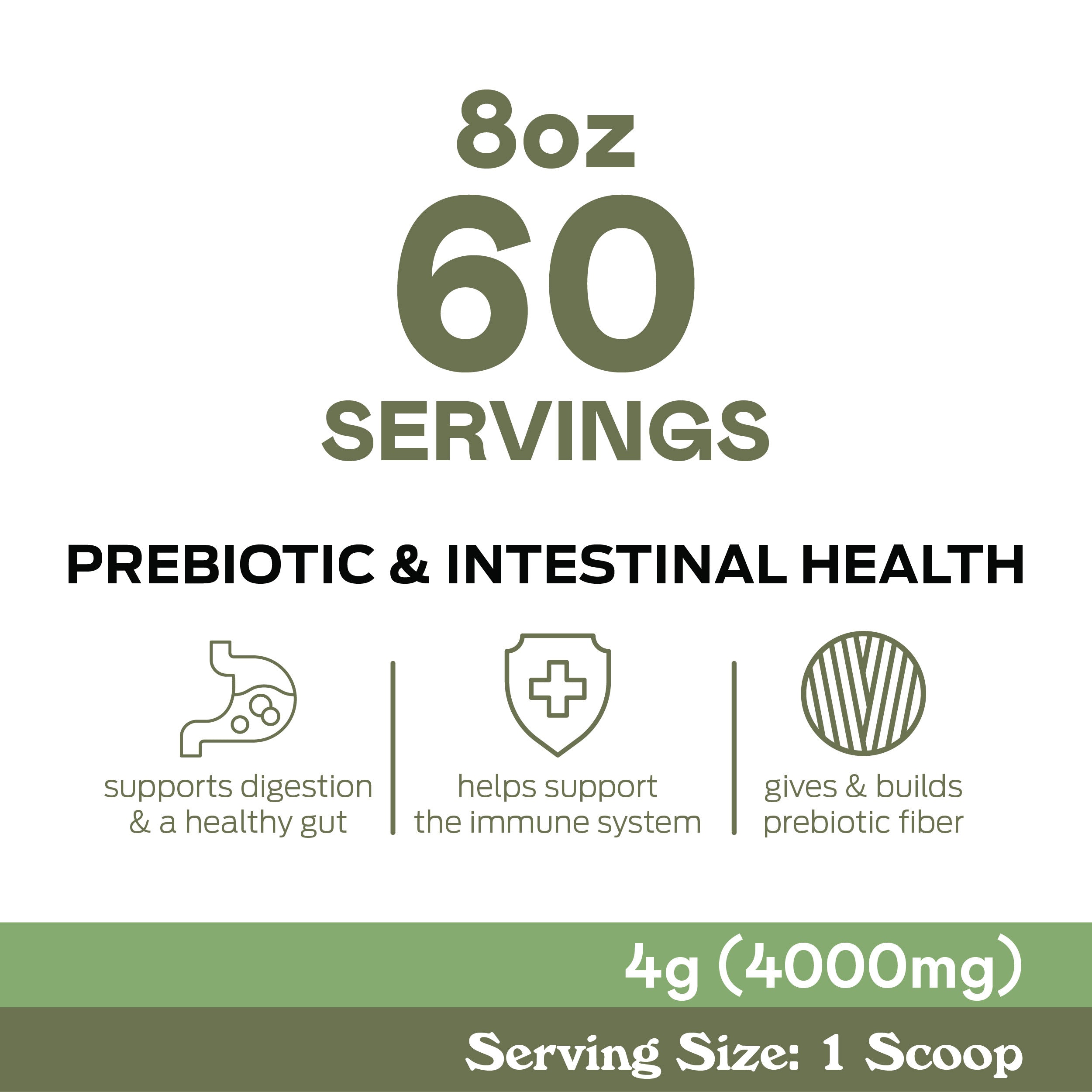Product label showing 8oz 60 servings, with icons and text highlighting benefits: supports digestion and a healthy gut, helps support the immune system, and builds prebiotic fiber. Serving size: 1 scoop (4g/4000mg).