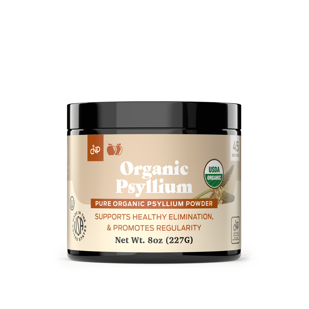An 8 oz (227 g) container of CNPUSA Organic Psyllium Husk Powder, USDA Organic certified and labeled Pure Organic Psyllium Powder, promotes regularity and healthy elimination as a natural fiber-rich laxative.